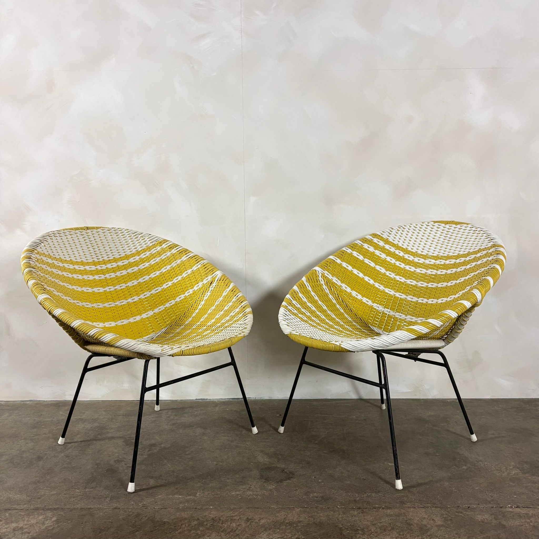 Pair Of Matching Mid Century Sputnik Yellow & White Lounge Chairs Vintage Retro MCM