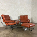 Mid Century Pieff Alpha Tan Brown Leather Three Seater Sofa & Two Swivel Lounge Chairs With Footstool Vintage Retro MCM