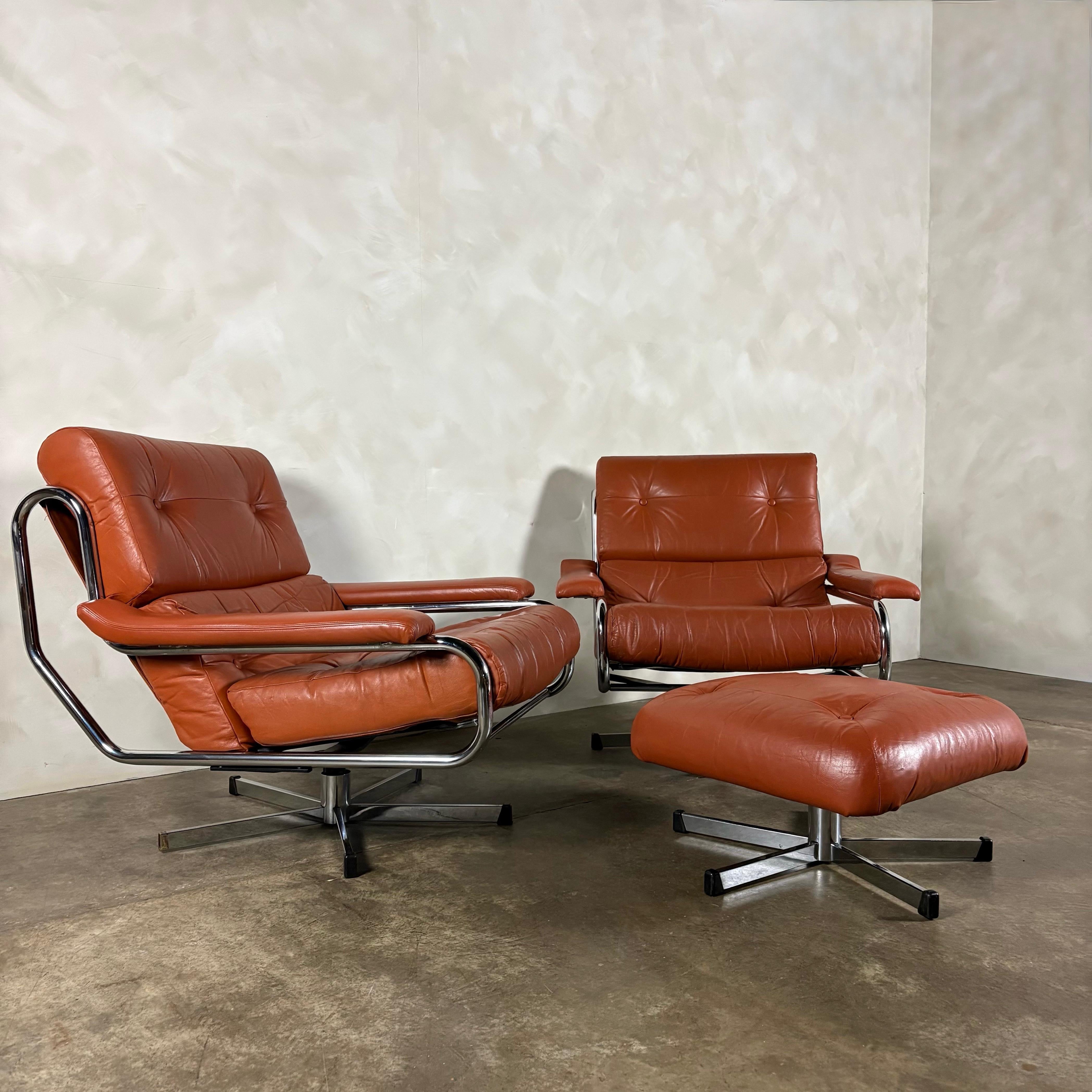 Mid Century Pieff Alpha Tan Brown Leather Three Seater Sofa & Two Swivel Lounge Chairs With Footstool Vintage Retro MCM