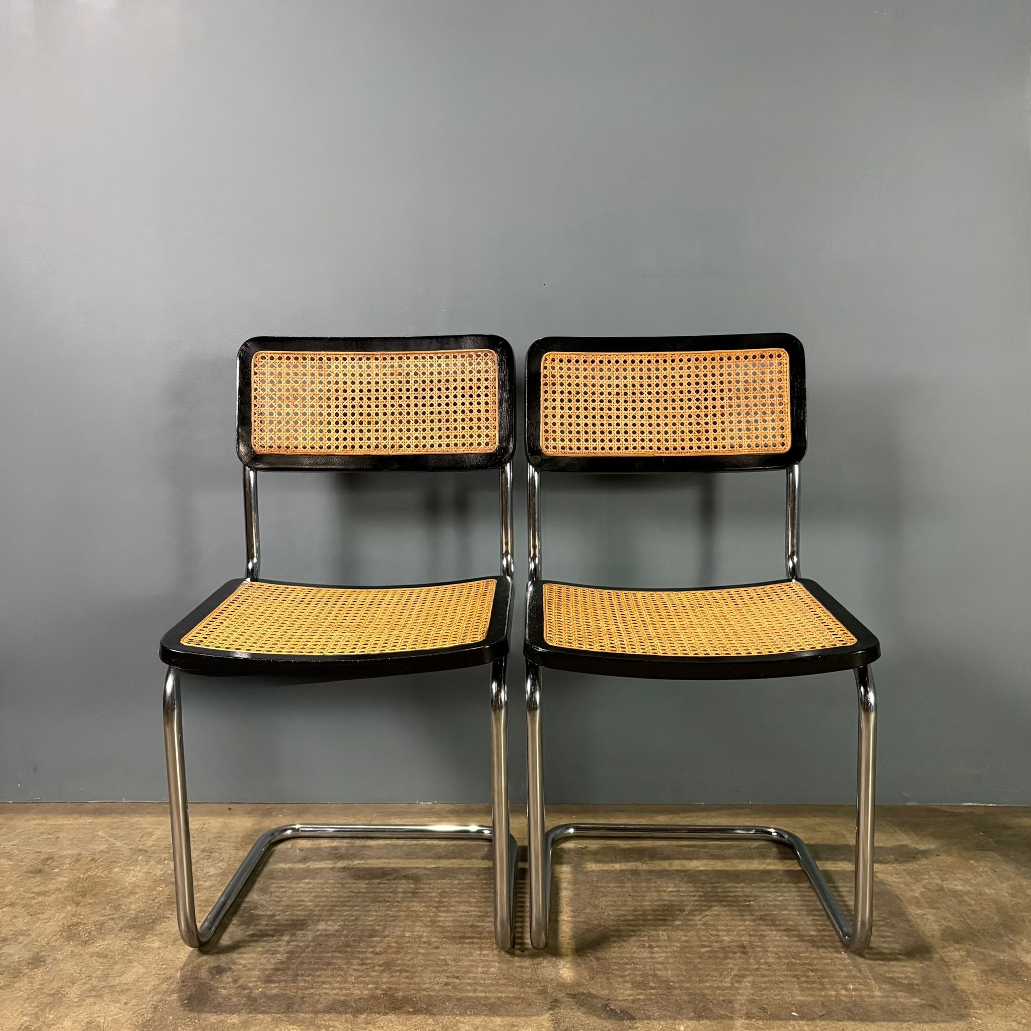 SOLD Pair Of Black Cane Rattan Marcel Breuer Cesca Dining Chairs Mid Century Vintage Retro MCM