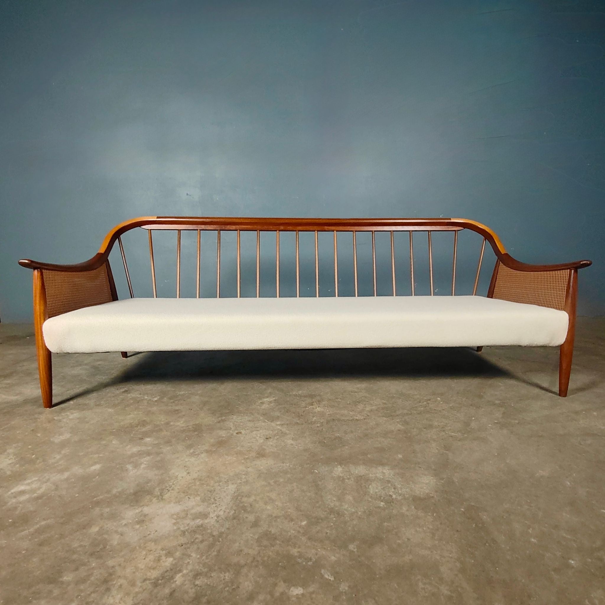 Greaves & Thomas Three Seater Sofa In Cream Ivory Bouclé Mid Century Vintage Retro MCM
