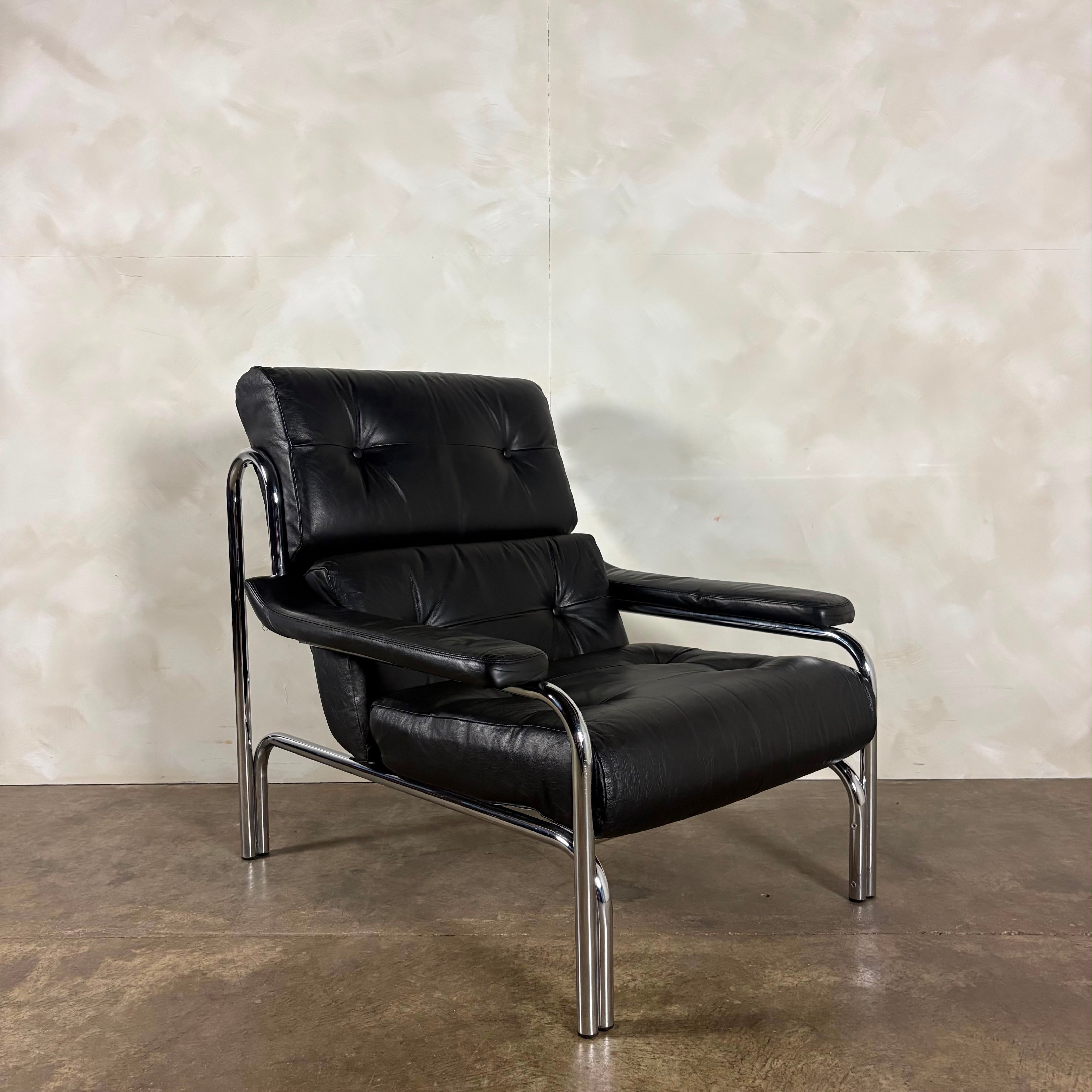 Mid Century Pieff Alpha Black Leather Three Seater Sofa With Matching Lounge Chair Vintage Retro MCM