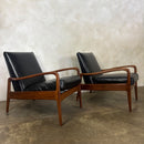SOLD Pair Of Greaves & Thomas Teak Black Leather Lounge Chairs Mid Century Vintage Retro MCM