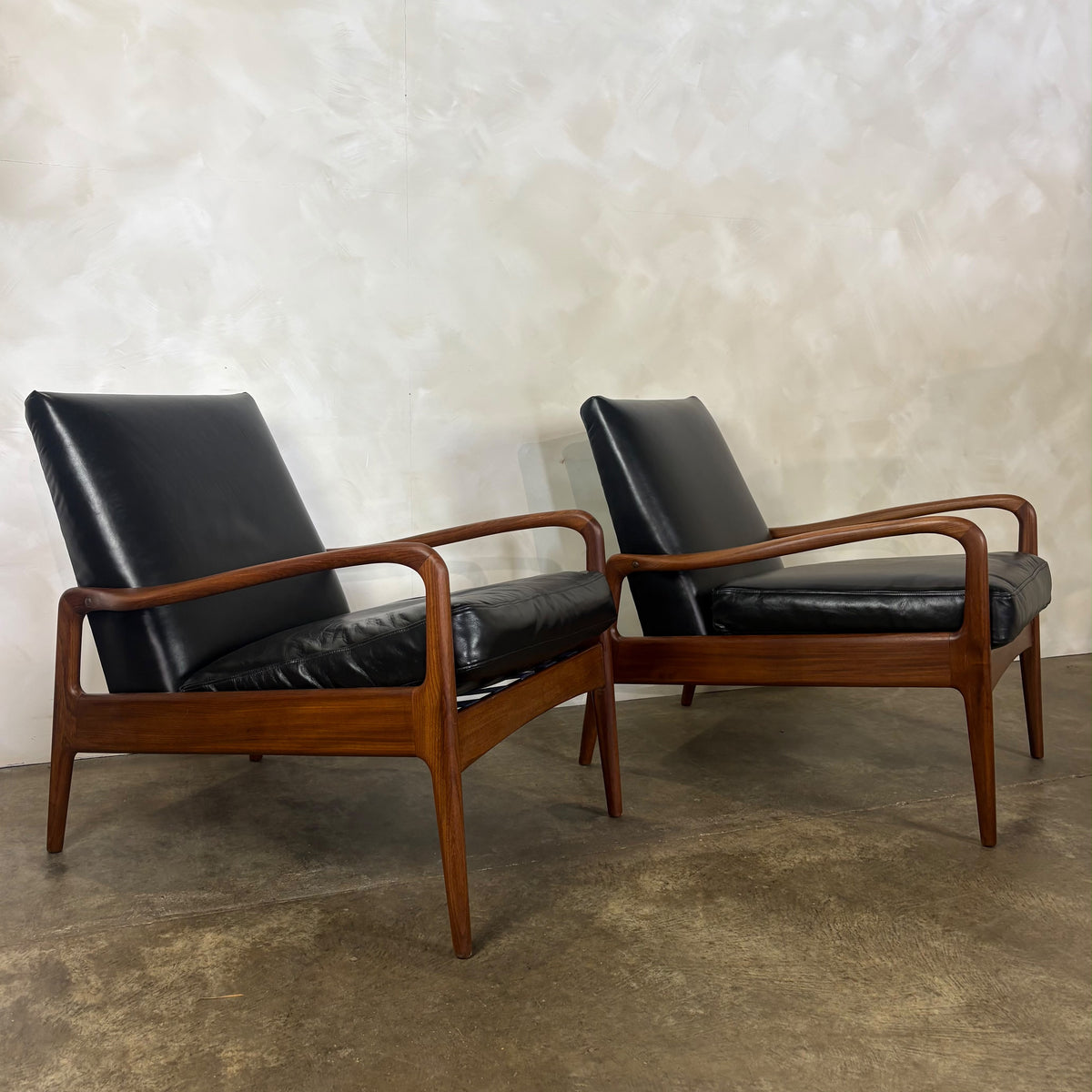 SOLD Pair Of Greaves & Thomas Teak Black Leather Lounge Chairs Mid Century Vintage Retro MCM