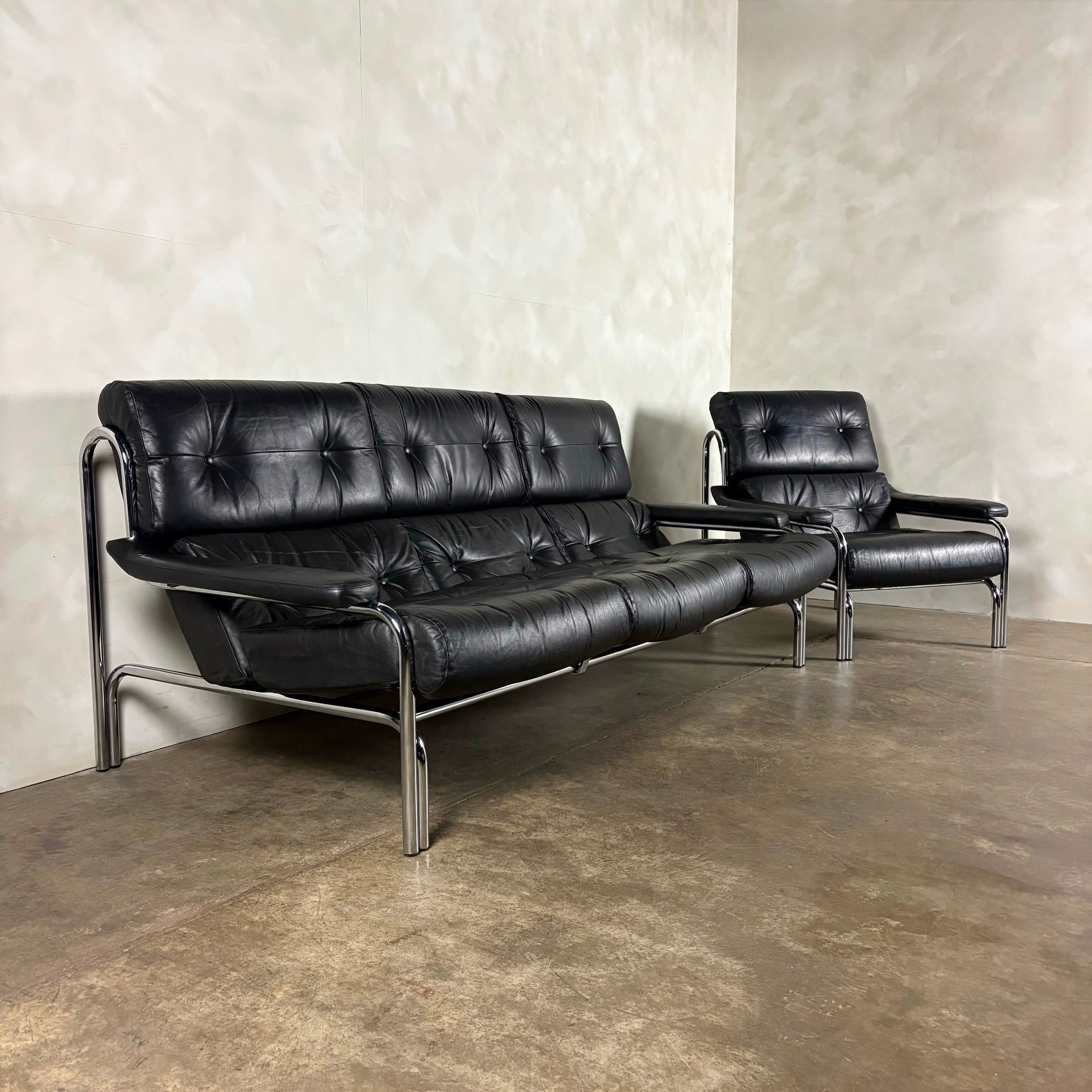 Mid Century Pieff Alpha Black Leather Three Seater Sofa With Matching Lounge Chair Vintage Retro MCM