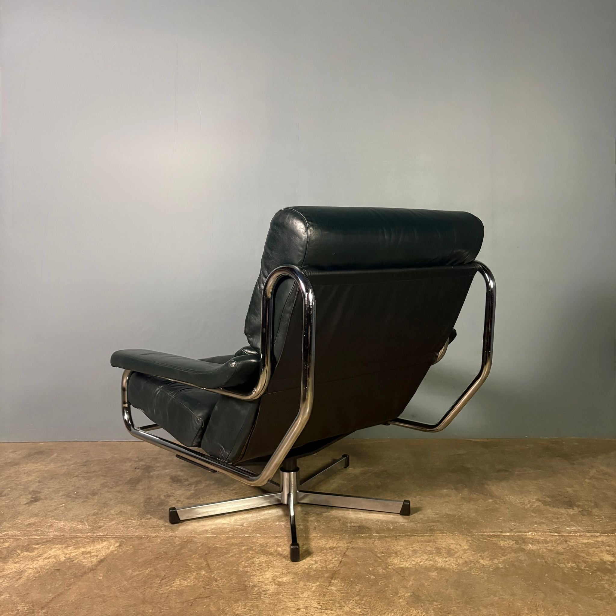 SOLD Mid Century Pieff Alpha Dark Green Leather Swivel Lounge Chair & Footstool Vintage Retro MCM