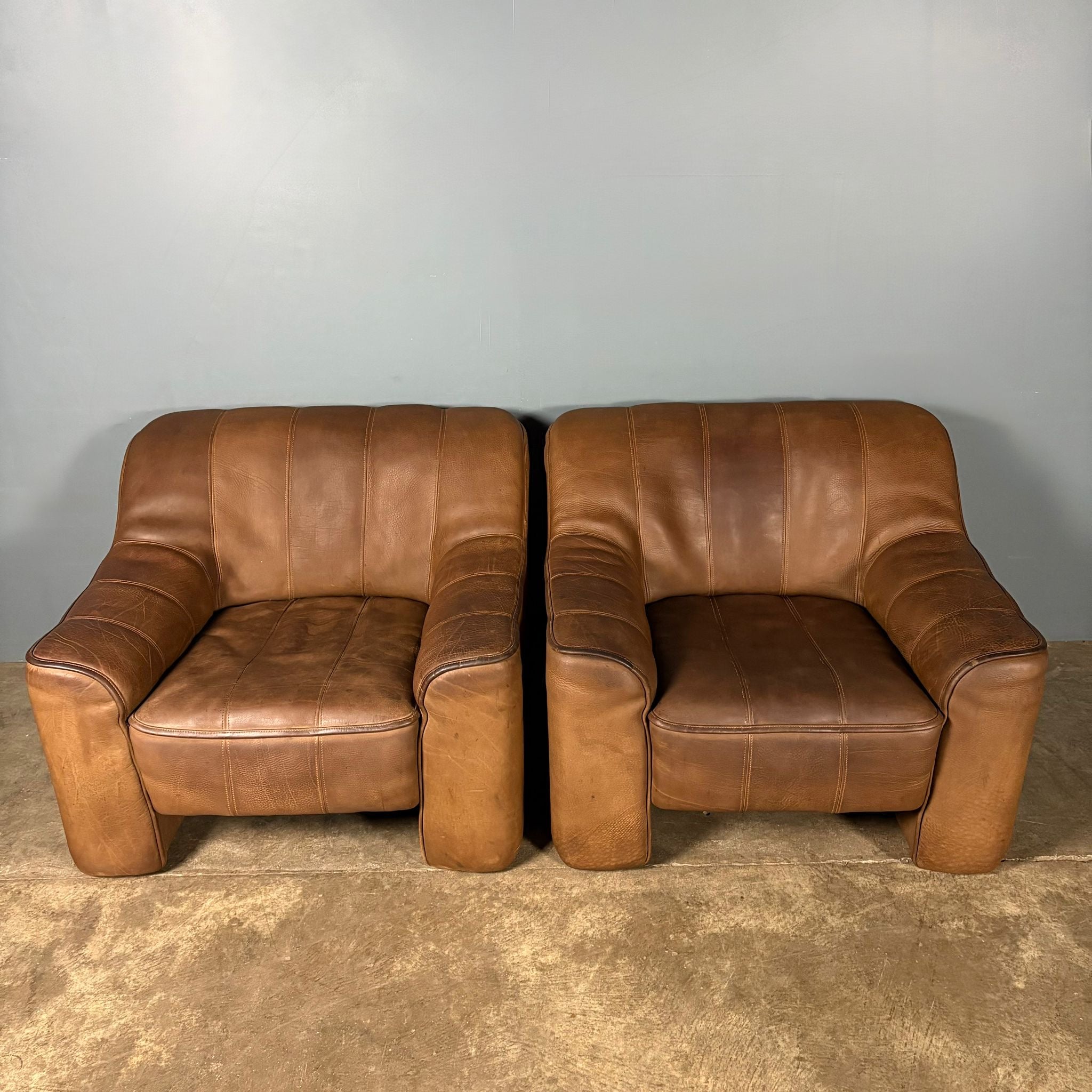 Pair Of De Sede DS44 Armchairs Brown Tan Leather Mid Century Vintage Retro MCM