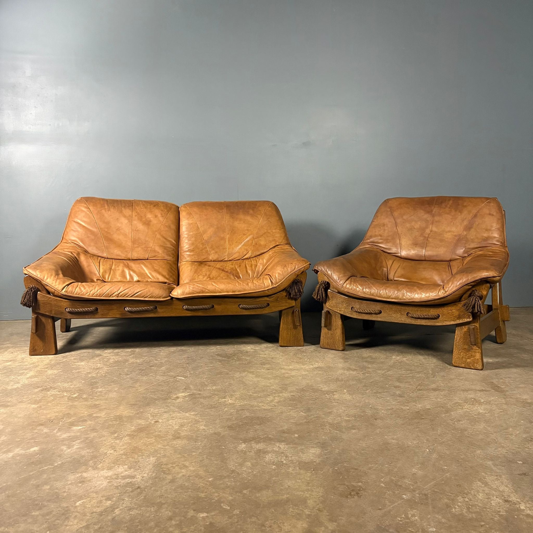 Brutalist Leather Two Seater Sofa & Matching Armchair Percival Lafer Style Mid Century Vintage Retro MCM