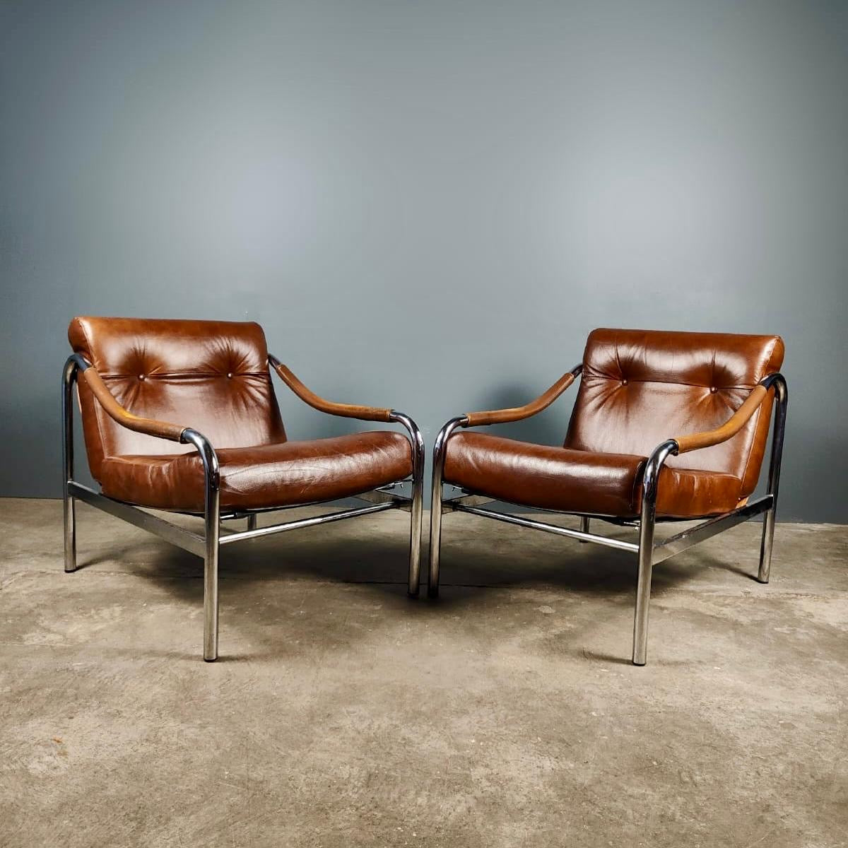 SOLD Mid Century Pair Of Pieff Beta Tan Brown Leather Lounge Chairs Vintage Retro MCM