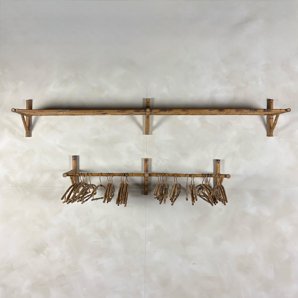 Mid Century Vintage Bamboo Wall Shelf & Hanging Rail With Coat Hangers Retro MCM