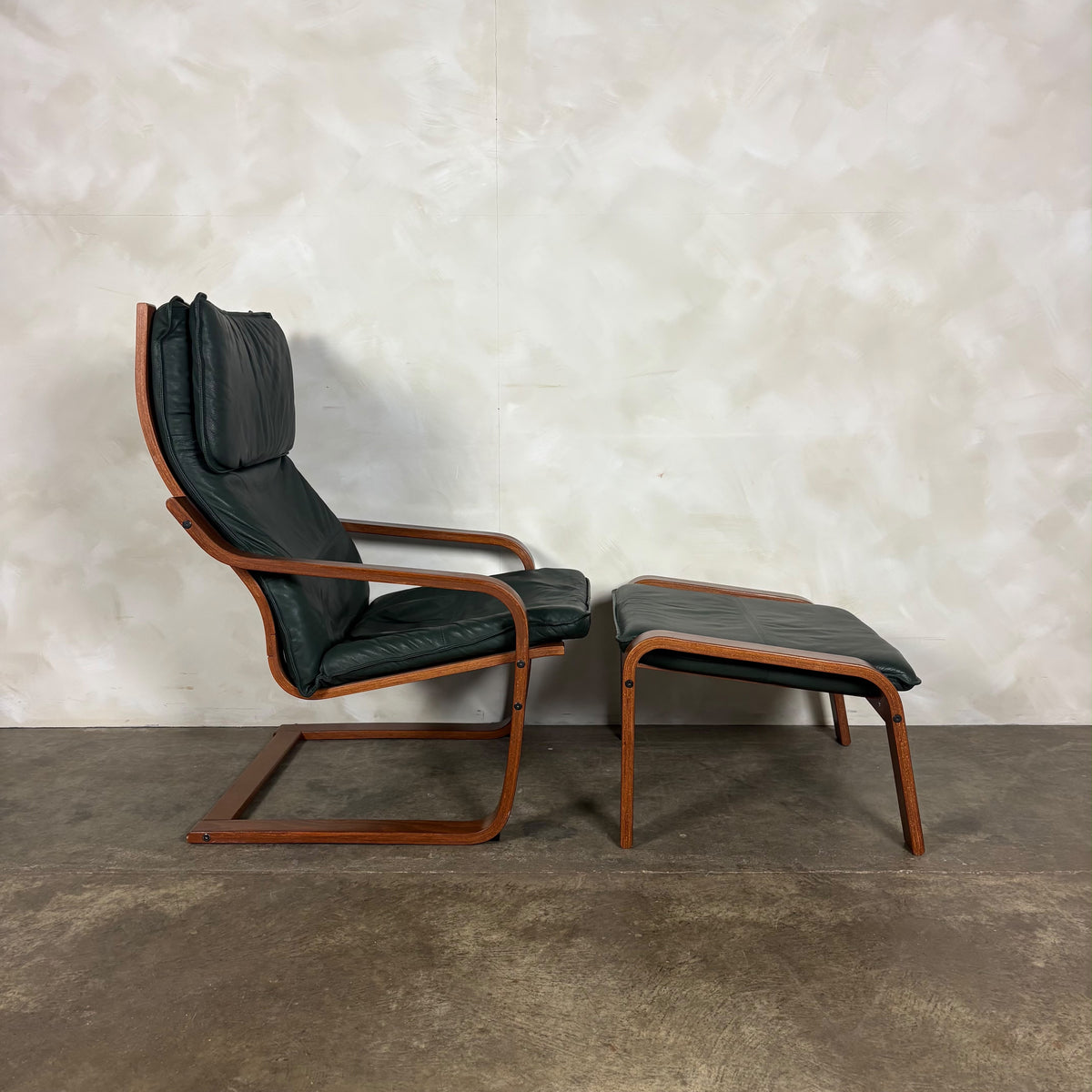 Pair Of Vintage Ikea Poäng Poem Armchairs & Matching Footstools Green Leather Mid Century Retro MCM