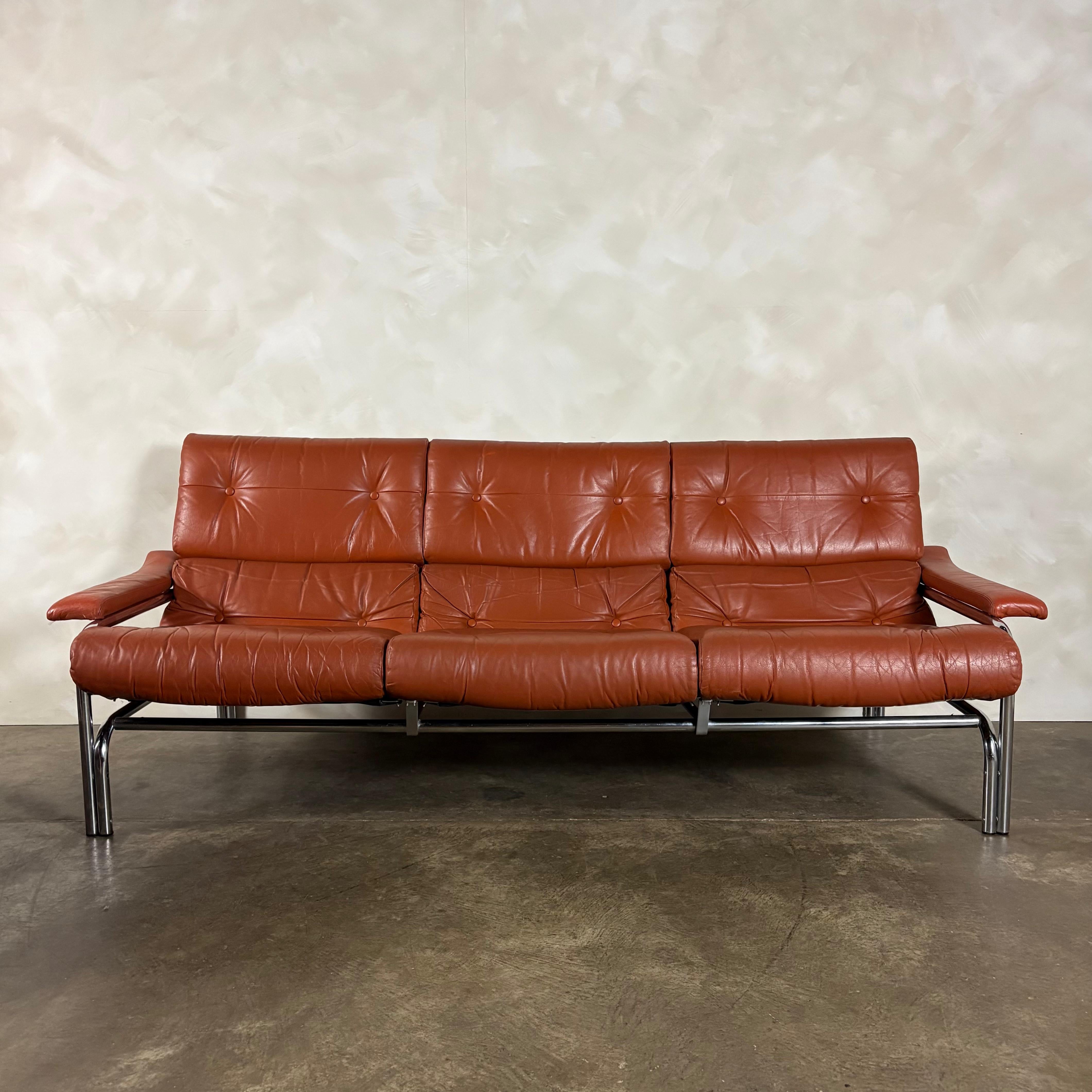 Mid Century Pieff Alpha Tan Brown Leather Three Seater Sofa & Two Swivel Lounge Chairs With Footstool Vintage Retro MCM