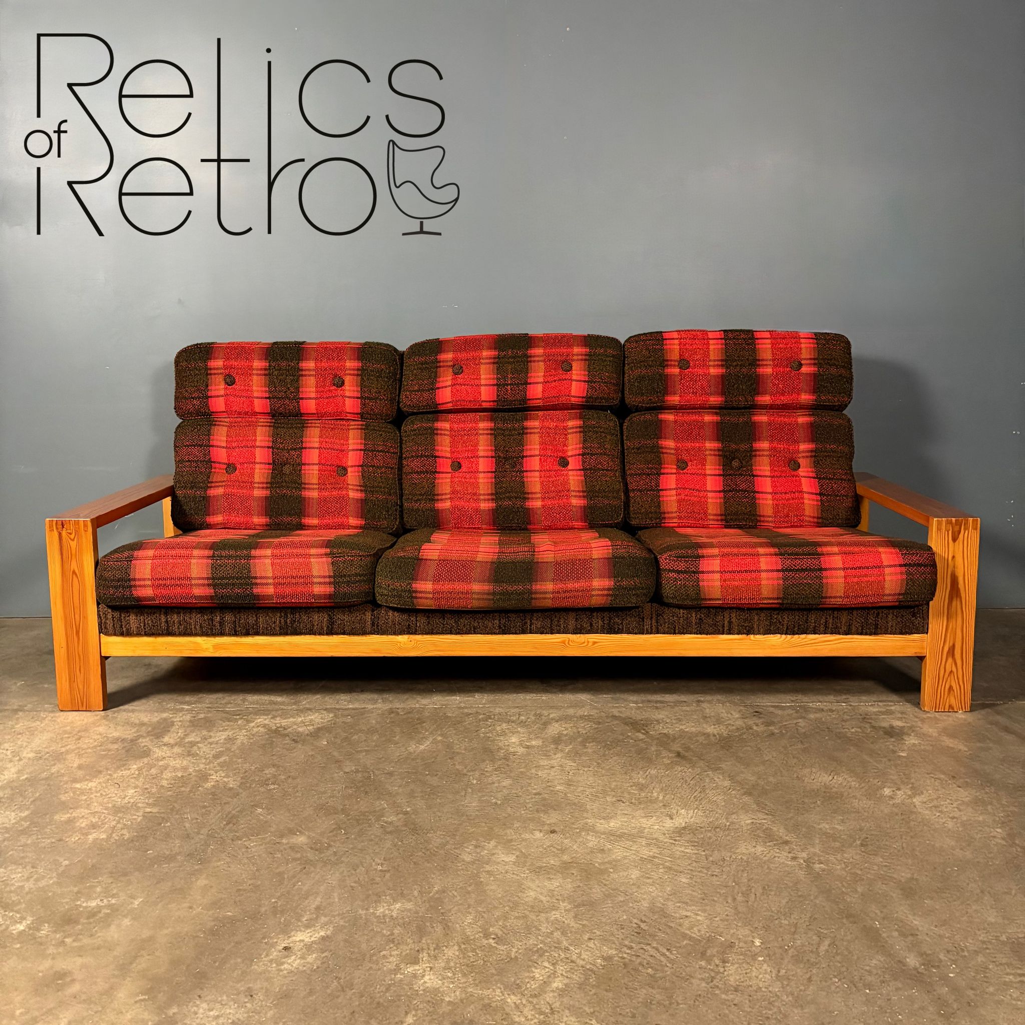 Three Seater Sofa Pine Mid Century Vintage Retro MCM