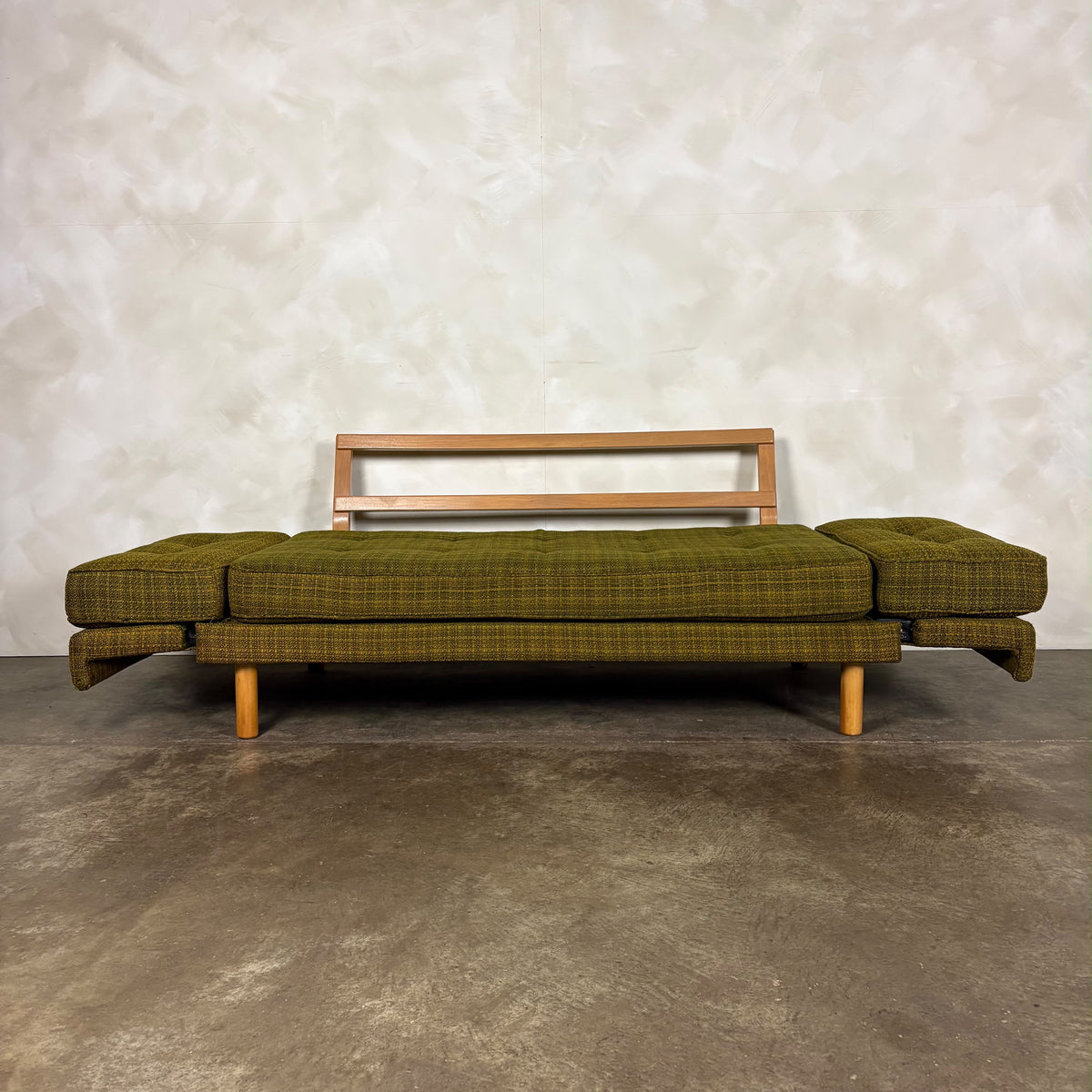 Mid Century Scandinavian Sofa Bed In Olive Green Wool Vintage Retro MCM
