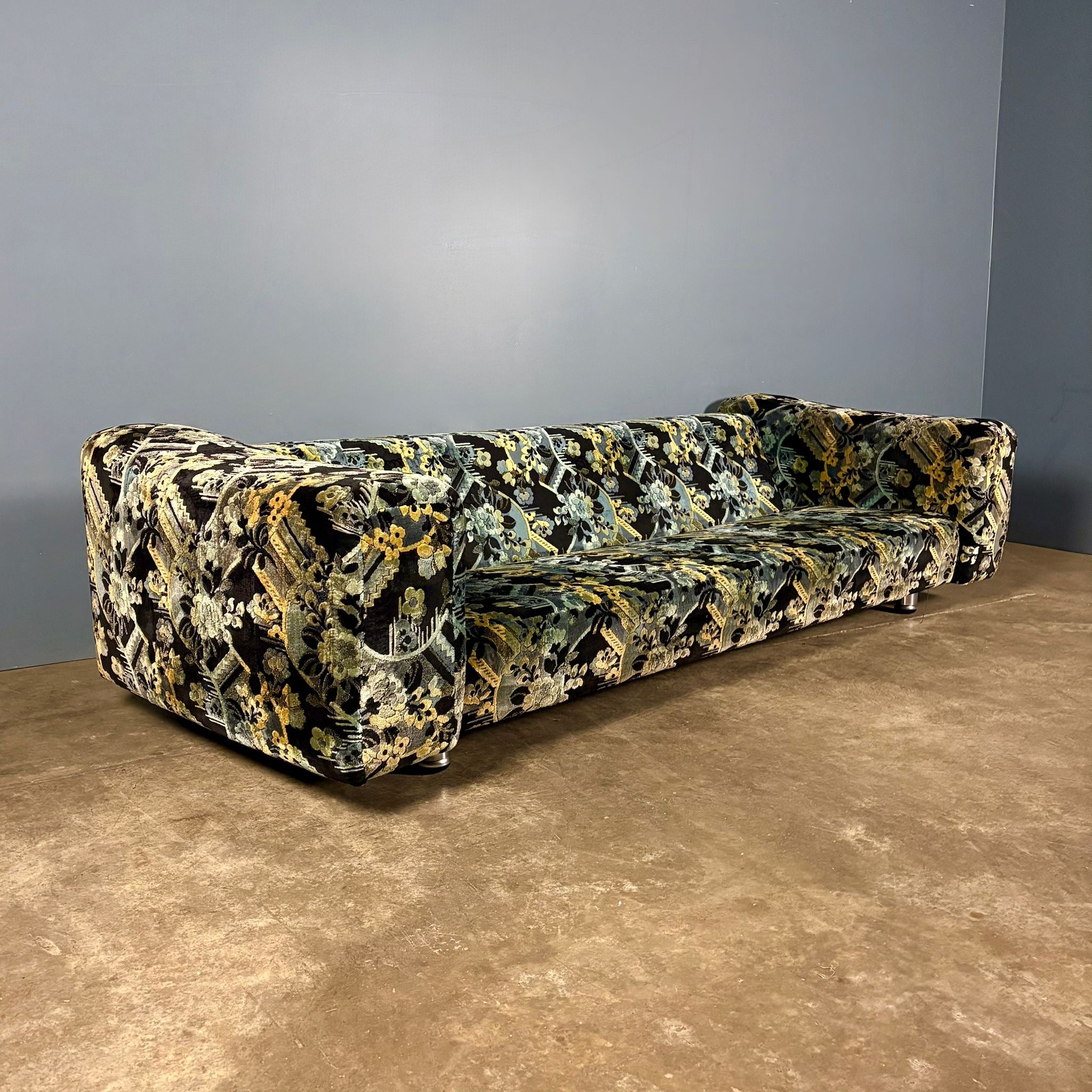 Mid Century Geometric Patterned Fabric Three Seater Sofa & Footstool Vintage Retro MCM