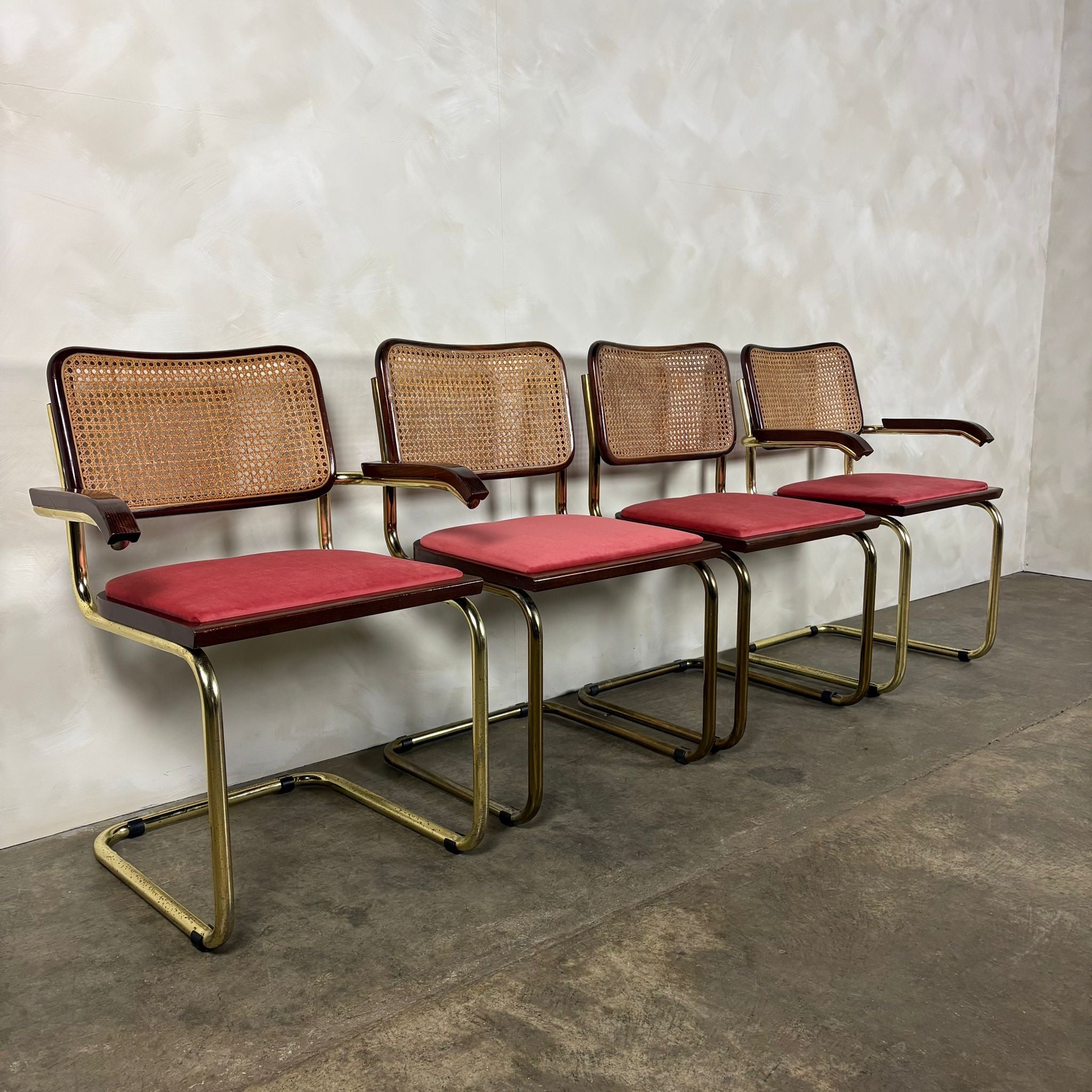 Four Brass Pink Cane Rattan Marcel Breuer Cesca Dining Chairs Mid Century Vintage Retro MCM