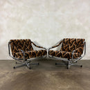 Pair Of Pieff Beta Swivel Lounge Chairs Geometric Fabric Footstool Mid Century Vintage Retro MCM