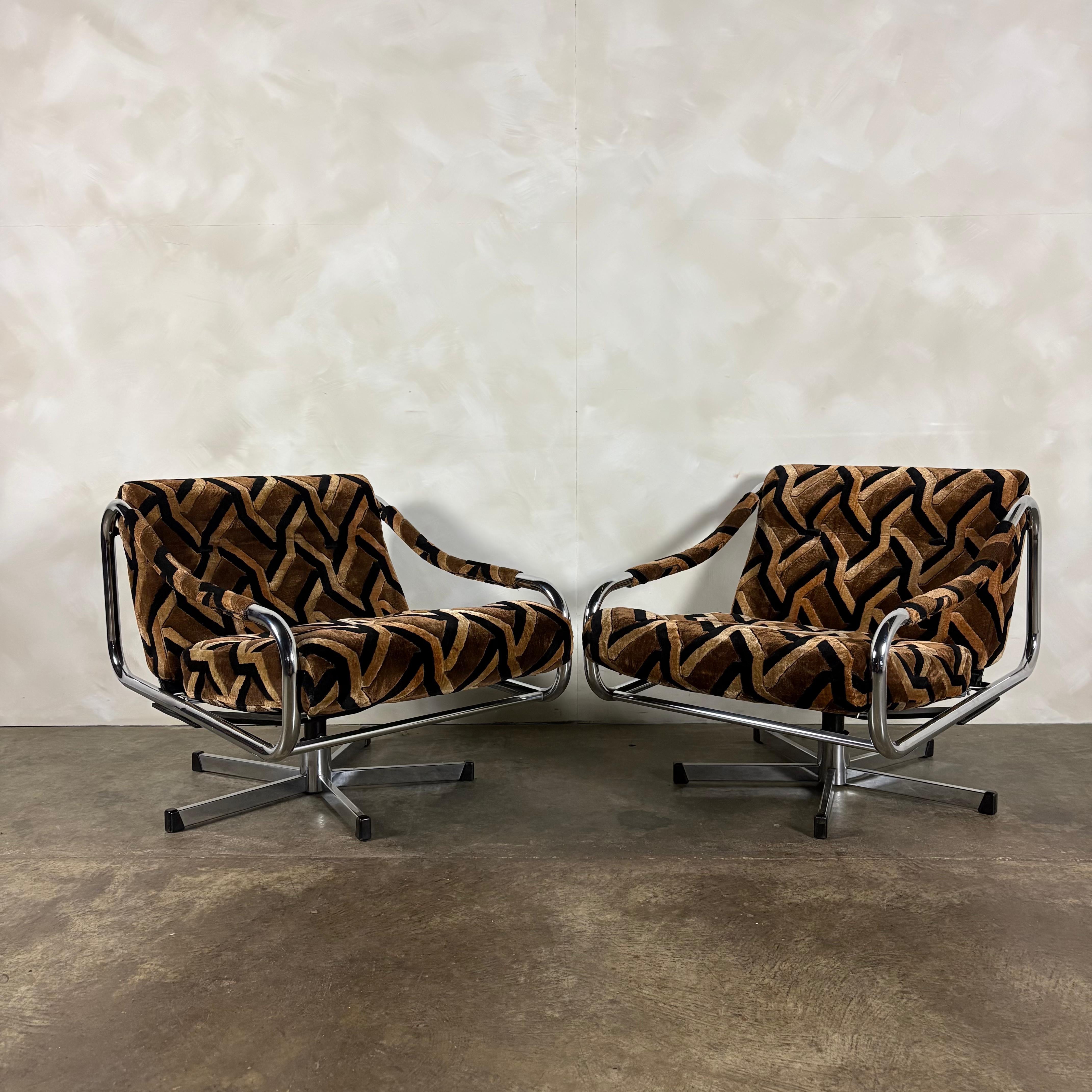 Pair Of Pieff Beta Swivel Lounge Chairs Geometric Fabric Footstool Mid Century Vintage Retro MCM