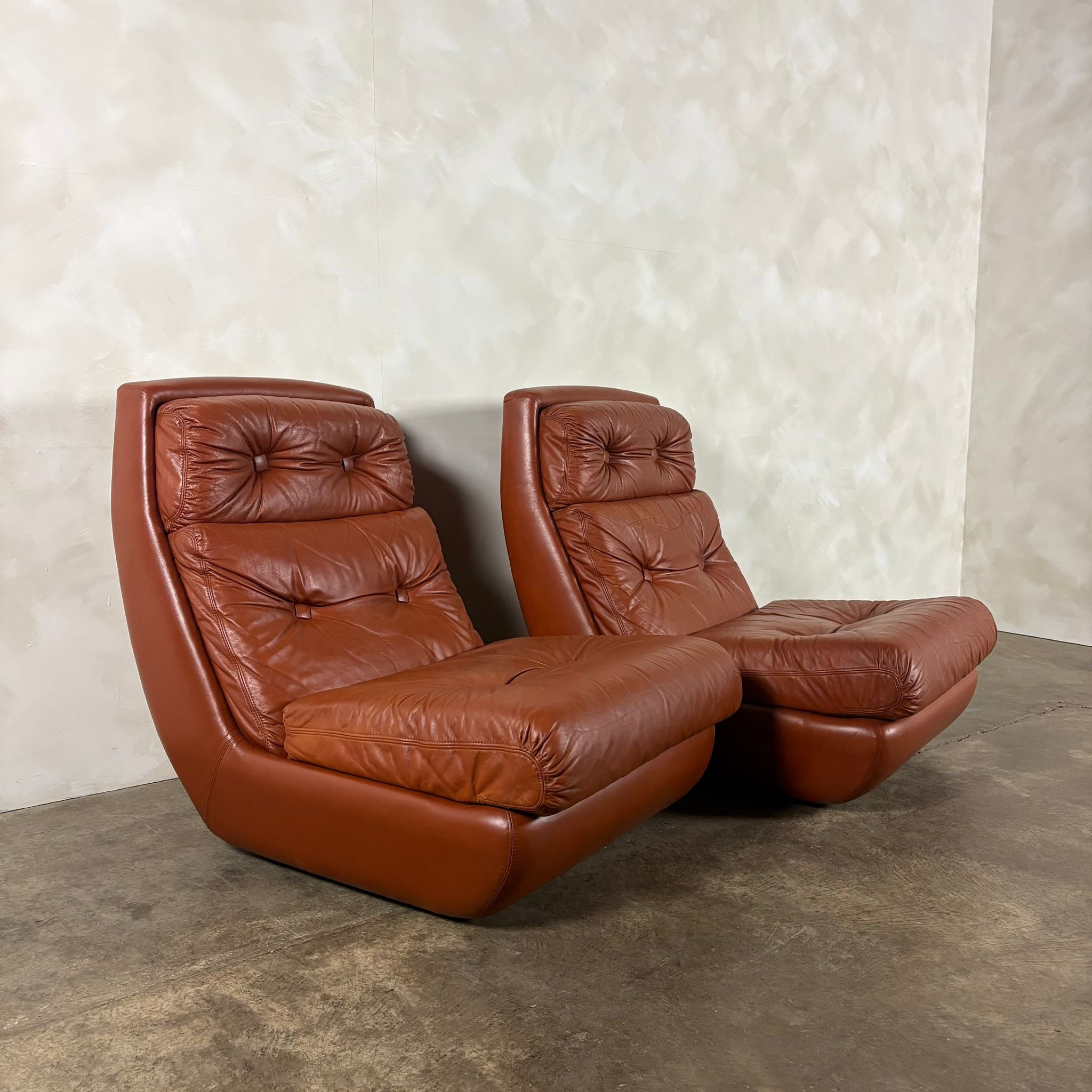 SOLD Pair Of Jean Prévost French 1970s Brown Tan Leather Lounge Chairs Mid Century Vintage Retro MCM