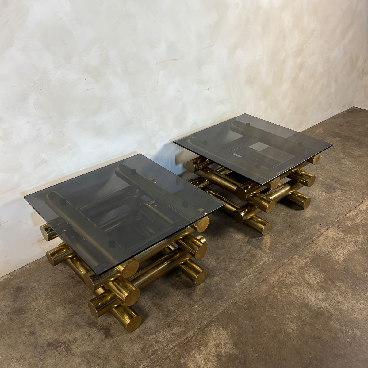 Pair Of Pieff Brass & Smoked Glass Side/Coffee Tables 1970s Mid Century Vintage Retro MCM