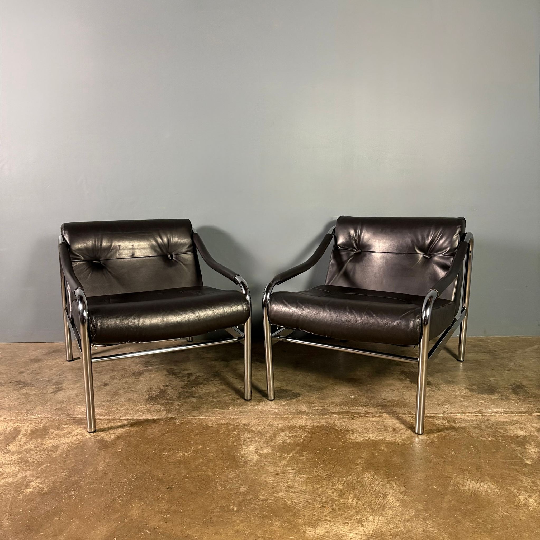 SOLD Mid Century Pair Of Pieff Beta Black Leather Lounge Chairs Vintage Retro MCM