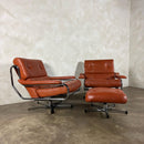 Mid Century Pieff Alpha Tan Brown Leather Three Seater Sofa & Two Swivel Lounge Chairs With Footstool Vintage Retro MCM
