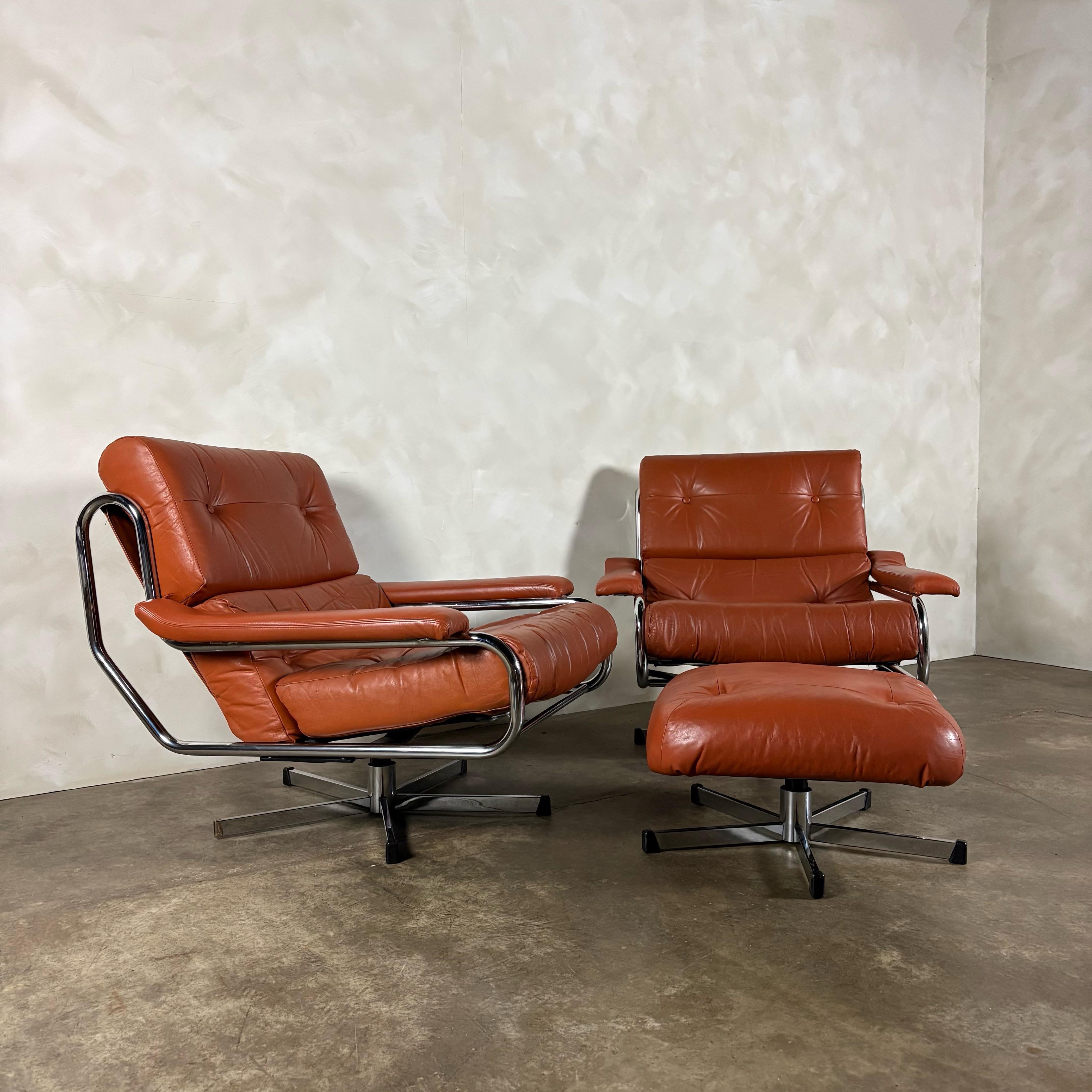 Mid Century Pieff Alpha Tan Brown Leather Three Seater Sofa & Two Swivel Lounge Chairs With Footstool Vintage Retro MCM