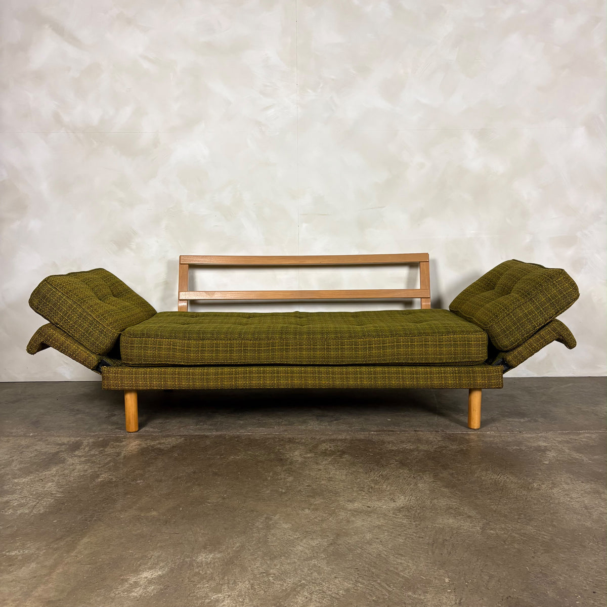 Mid Century Scandinavian Sofa Bed In Olive Green Wool Vintage Retro MCM