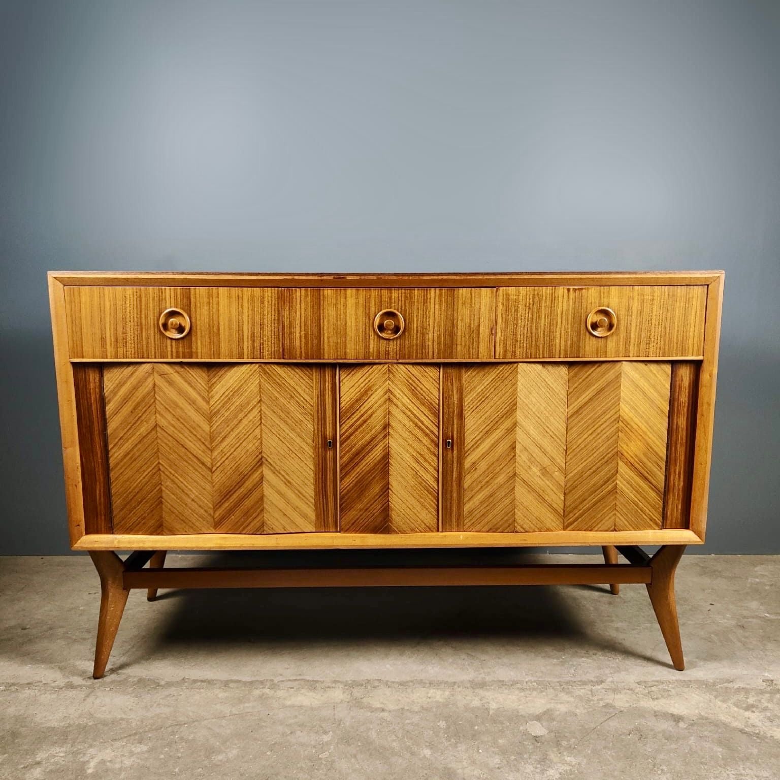 SOLD Mid Century Walnut Her Century Herringbone Pattern Geometric Sideboard Vintage Retro MCM