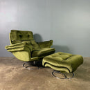 Mid Century Green Velvet Swivel Armchair & Matching Footstool Vintage Retro MCM