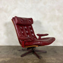 Göte Möbler Red Leather Swivel Armchair Swedish 1970s Mid Century Vintage Retro MCM
