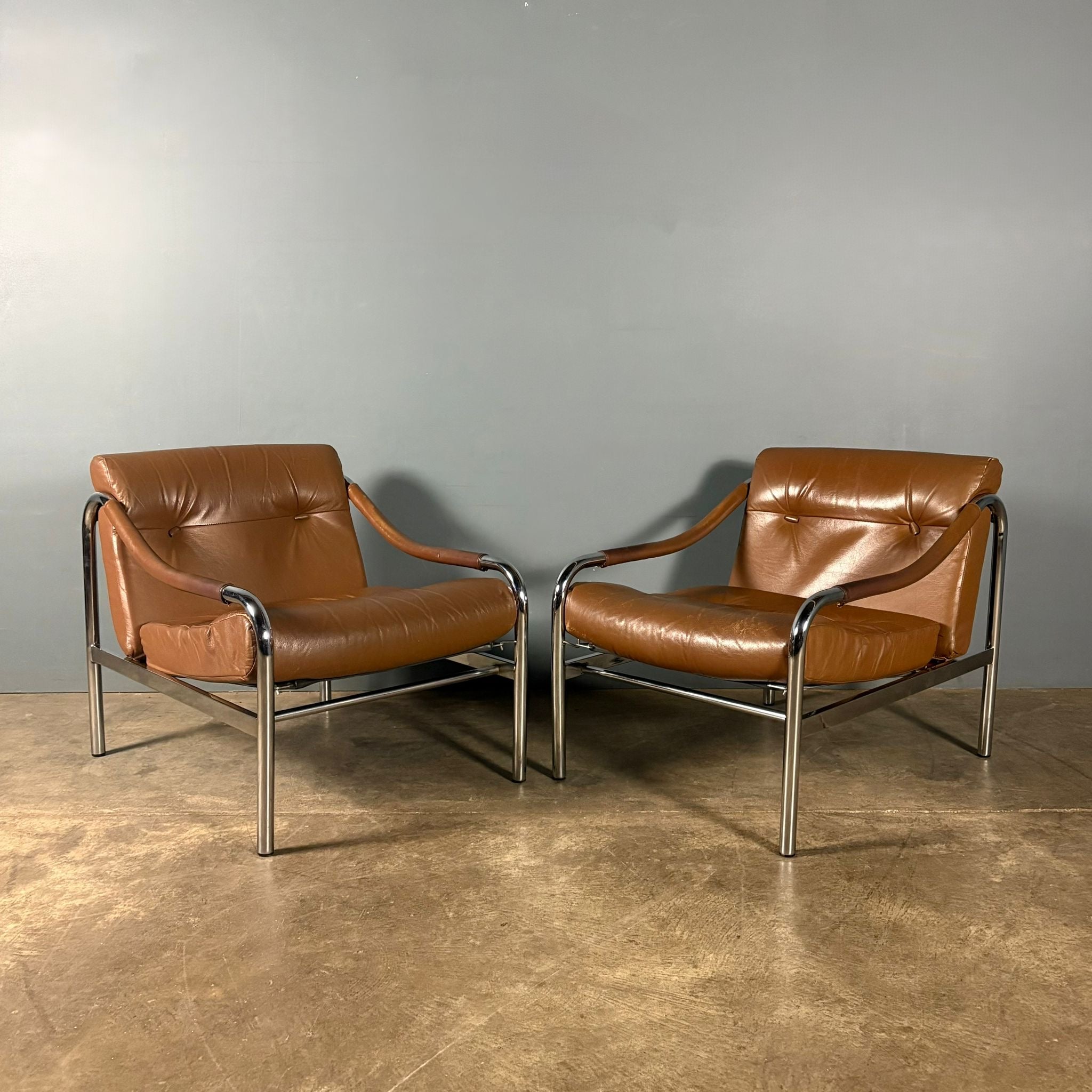 Mid Century Pair Of Pieff Beta Tan Brown Leather Lounge Chairs Vintage Retro MCM