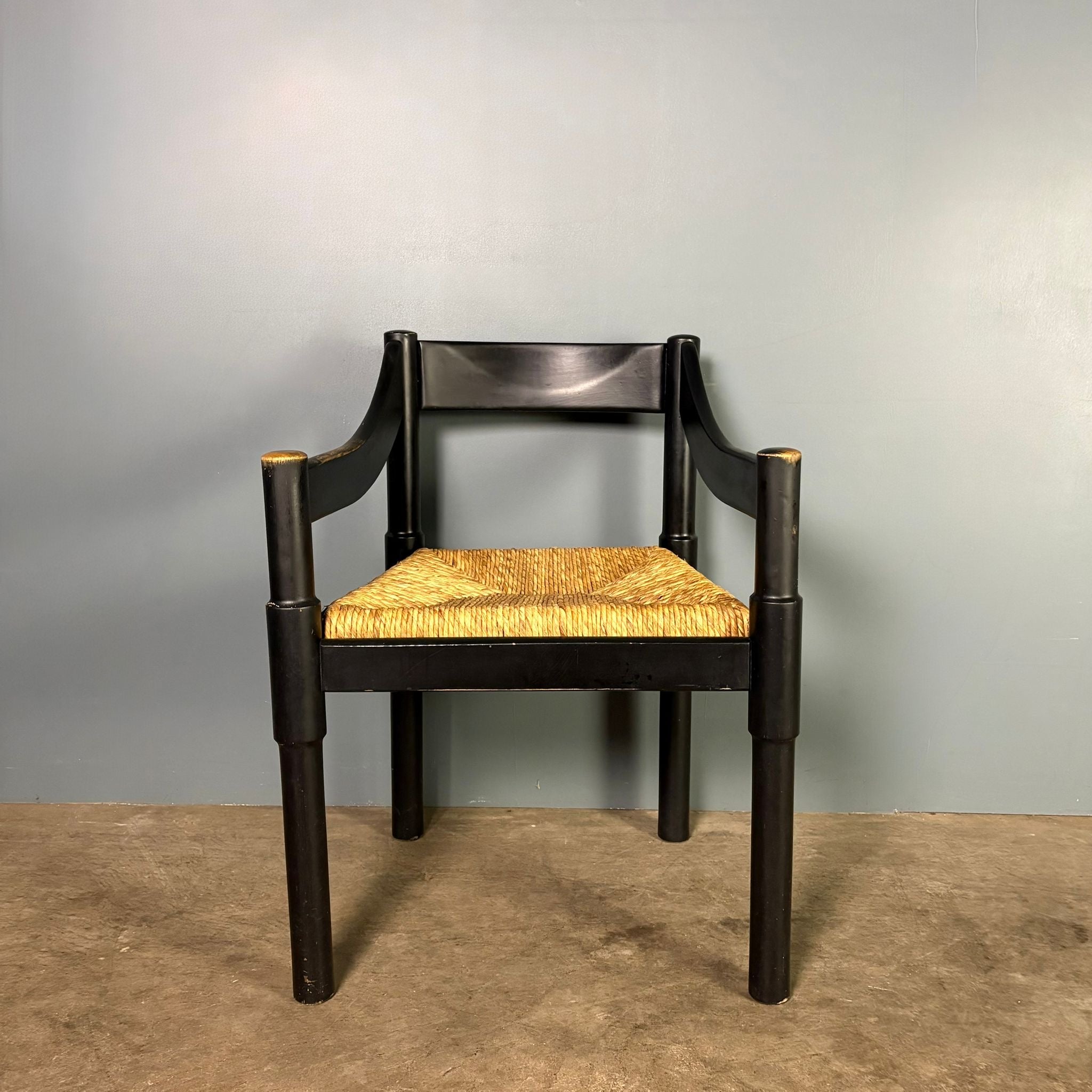 Carimate Black Carver Rush Papercord Dining Chair By Vico Magistretti For Cassina Mid Century Vintage Retro MCM