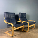 Pair Of Vintage Ikea Poäng Poem Armchairs Navy Blue Leather Mid Century Retro MCM