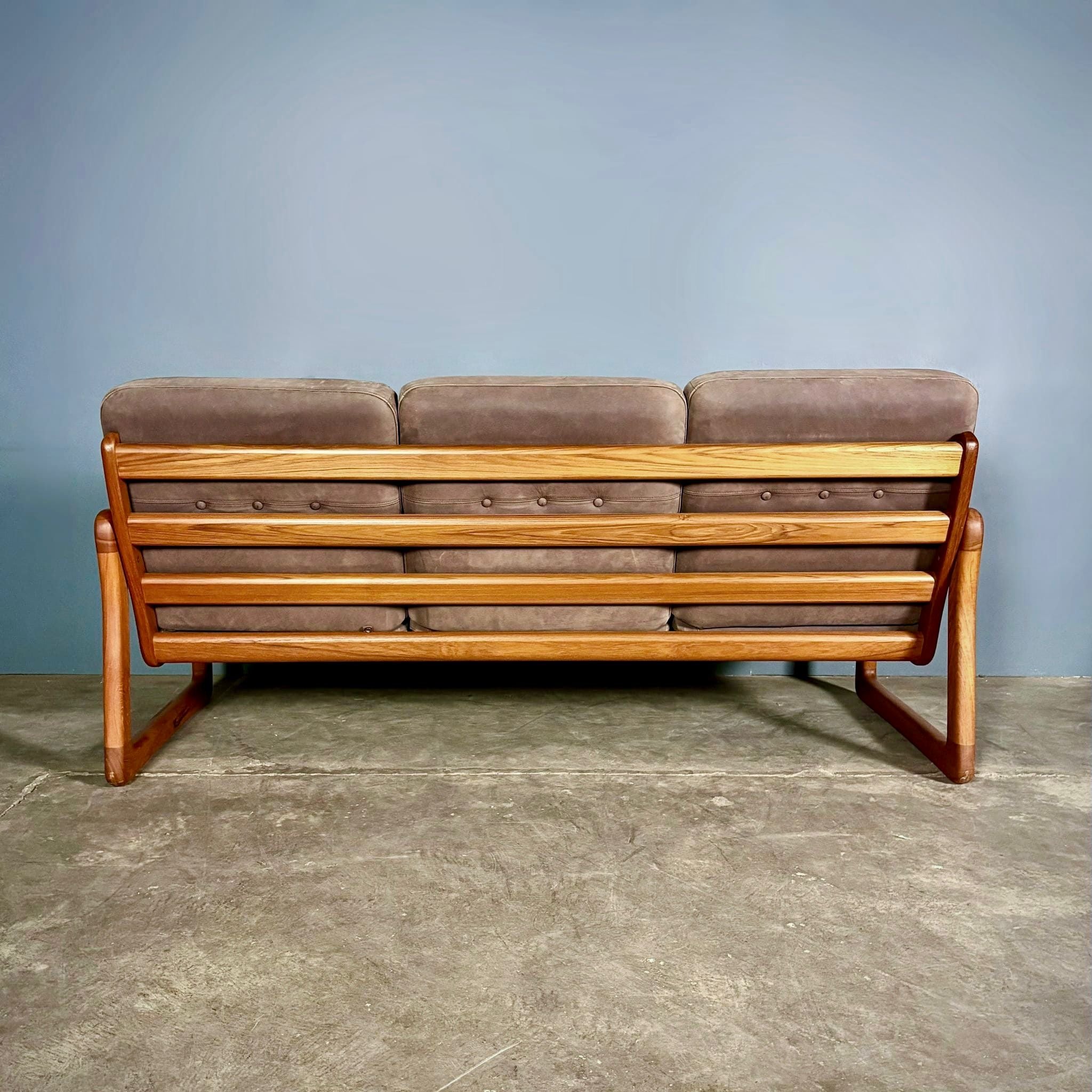 Three Seater Sofa Teak Brown Leather By Poul Jeppesen For Holstebro Møbelfabrik Danish Mid Century Vintage Retro MCM