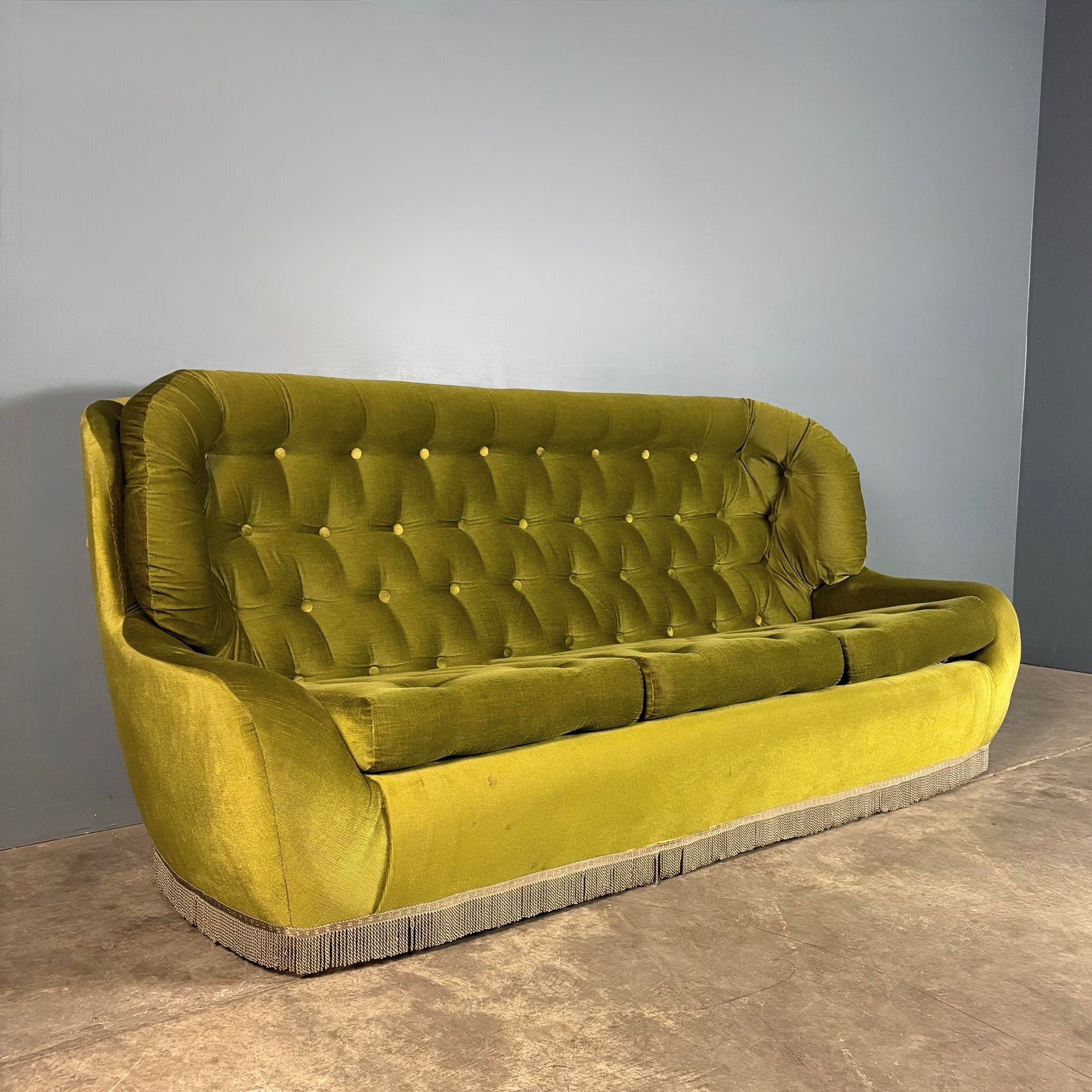 SOLD Mid Century Three Seater Sofa Green Velvet Vintage Retro MCM