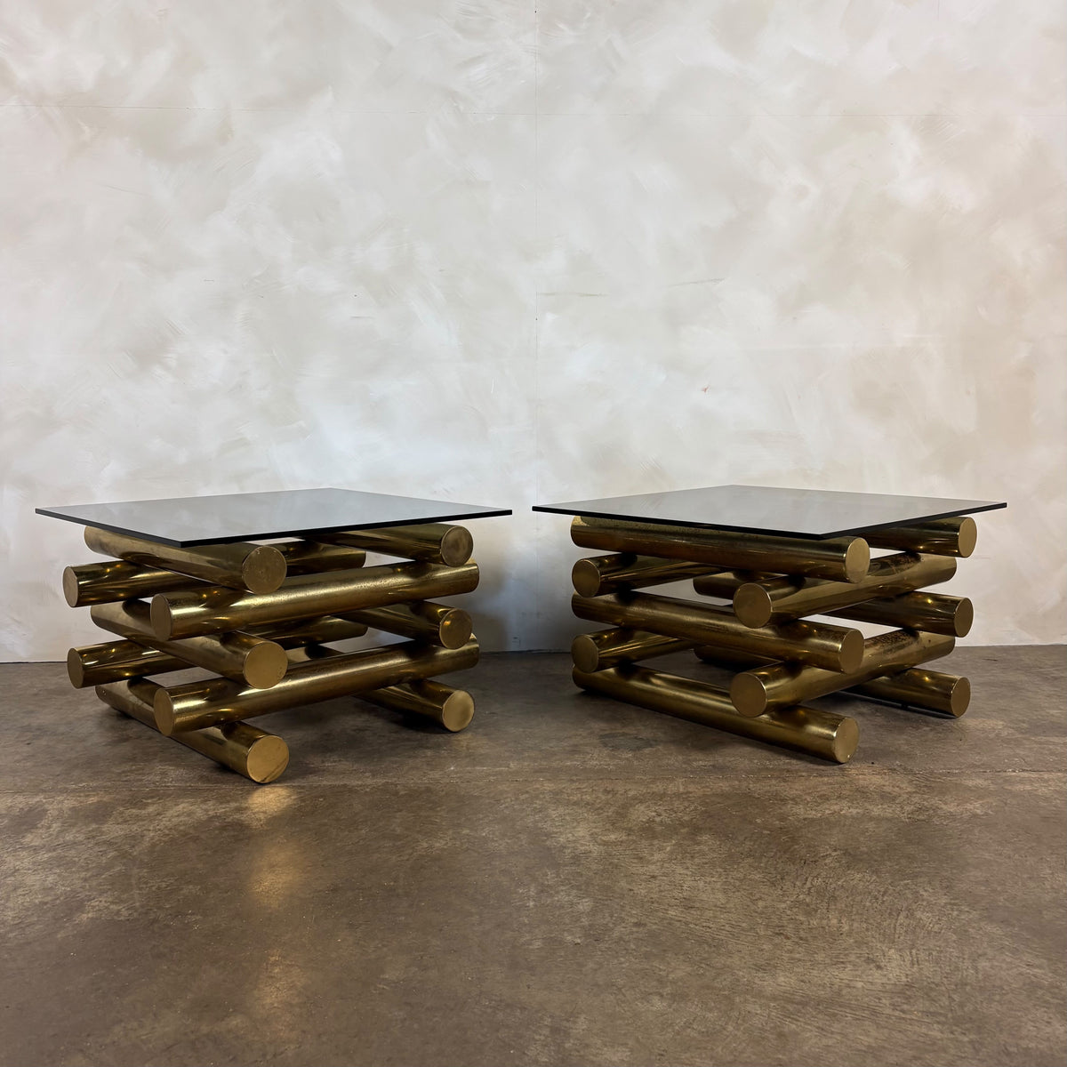 Pair Of Pieff Brass & Smoked Glass Side/Coffee Tables 1970s Mid Century Vintage Retro MCM