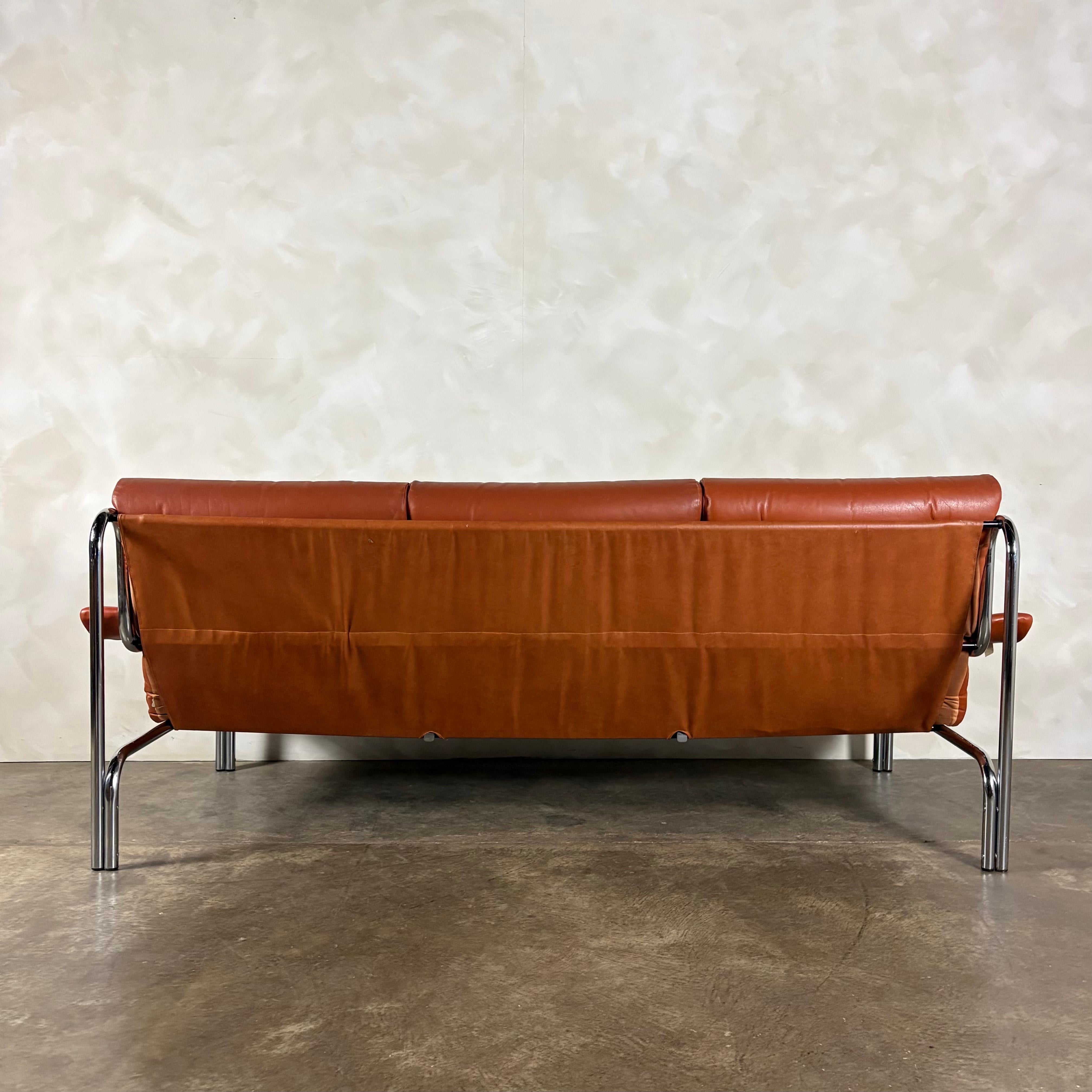 Mid Century Pieff Alpha Tan Brown Leather Three Seater Sofa & Two Swivel Lounge Chairs With Footstool Vintage Retro MCM