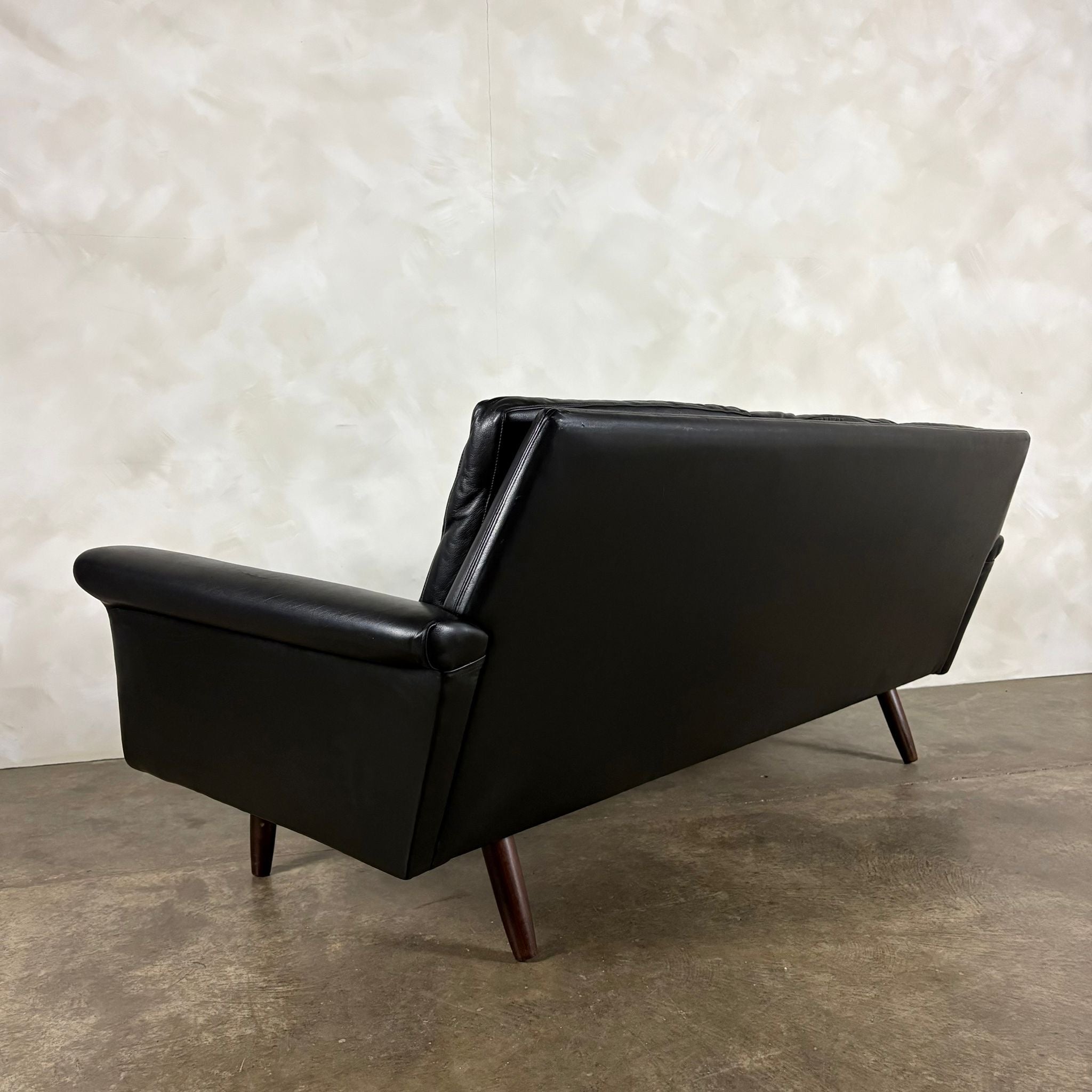 Black Leather Three Seater Sofa Danish 1960s Mid Century Vintage Retro MCM