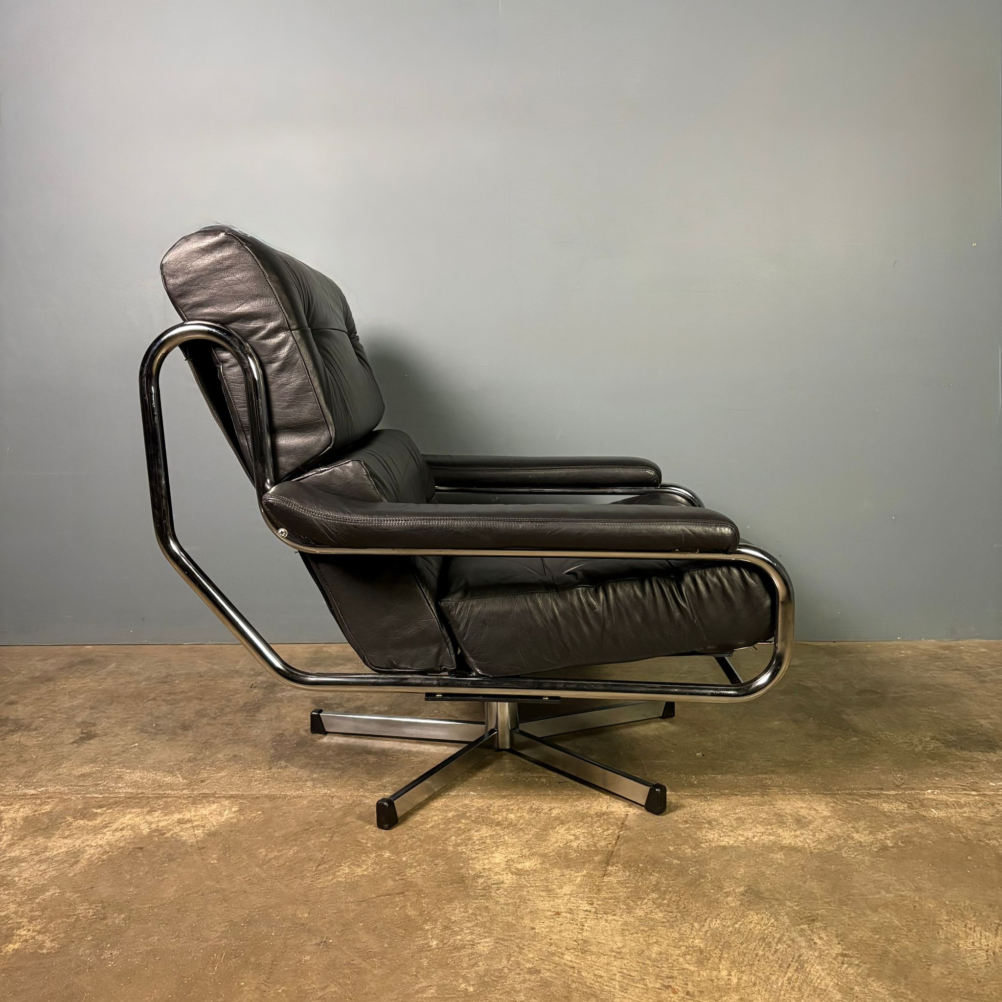 SOLD Mid Century Pieff Alpha Black Leather Swivel Lounge Chair Vintage Retro MCM