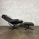 Black Leather Skoghaug Reclining Swivel Lounge Chair With Matching Footstool/Ottoman Mid Century Vintage Retro MCM