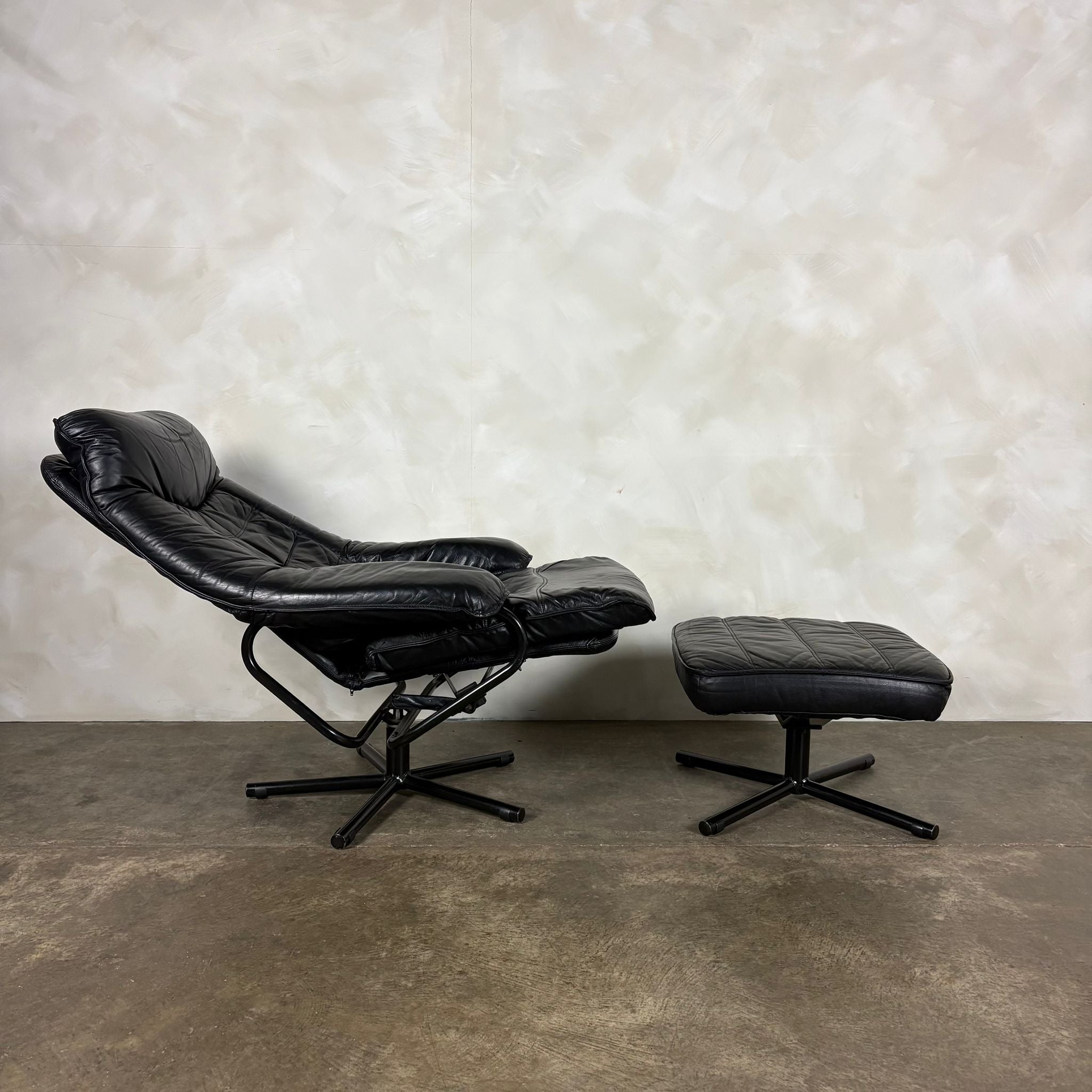 Black Leather Skoghaug Reclining Swivel Lounge Chair With Matching Footstool/Ottoman Mid Century Vintage Retro MCM