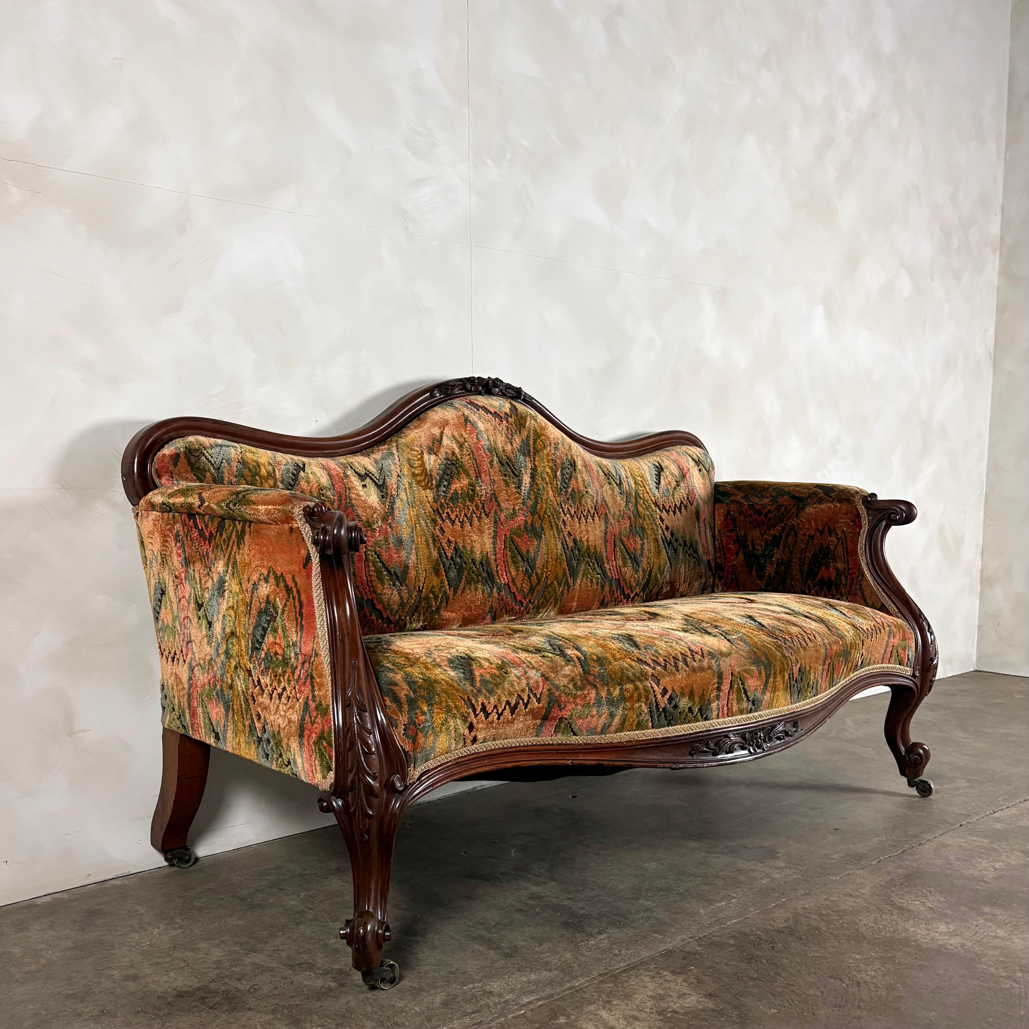 Antique Flamestitch Walnut Mahogany Canapé Three Seater Sofa Louis Style Victorian