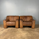 Pair Of De Sede DS44 Armchairs Brown Tan Leather Mid Century Vintage Retro MCM