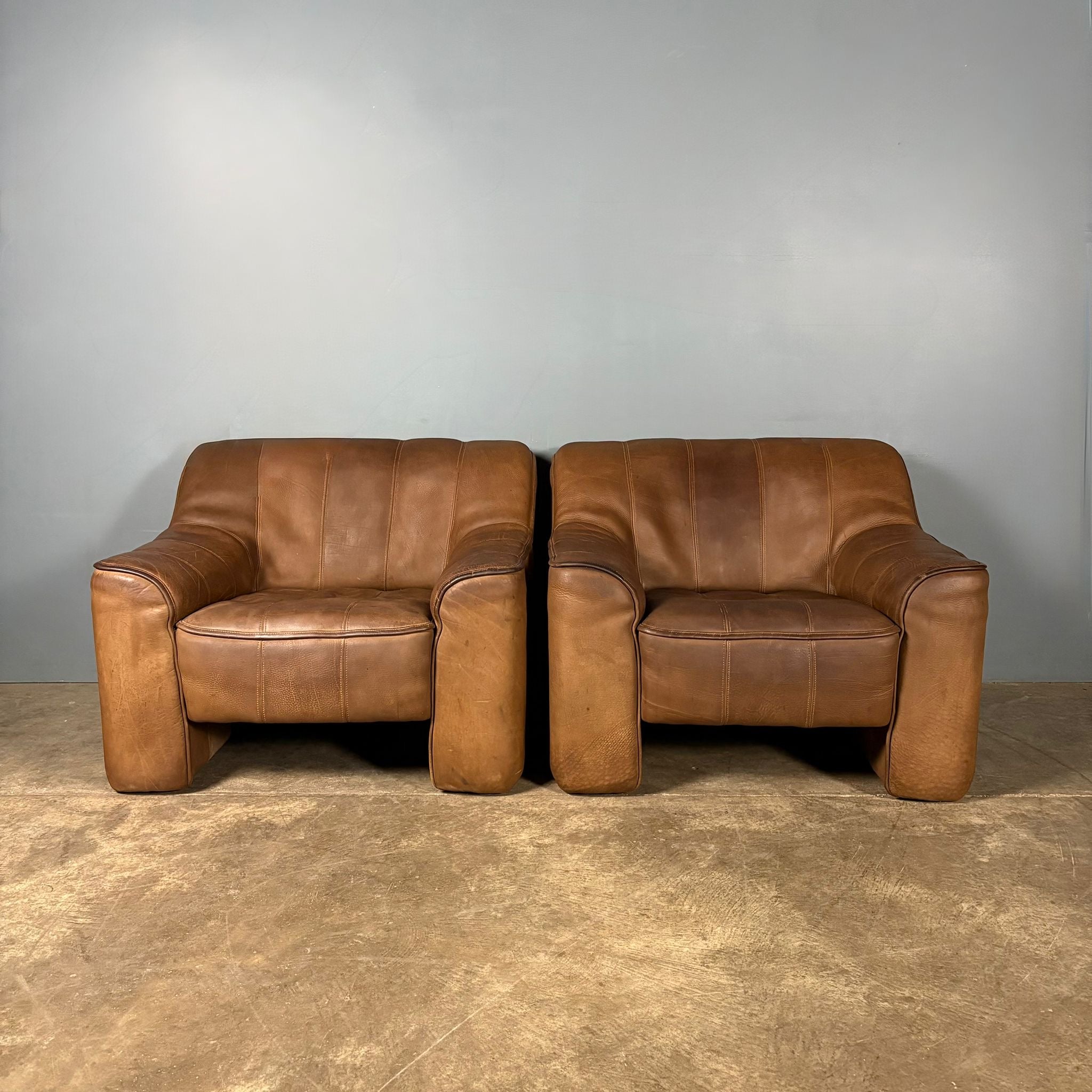 Pair Of De Sede DS44 Armchairs Brown Tan Leather Mid Century Vintage Retro MCM