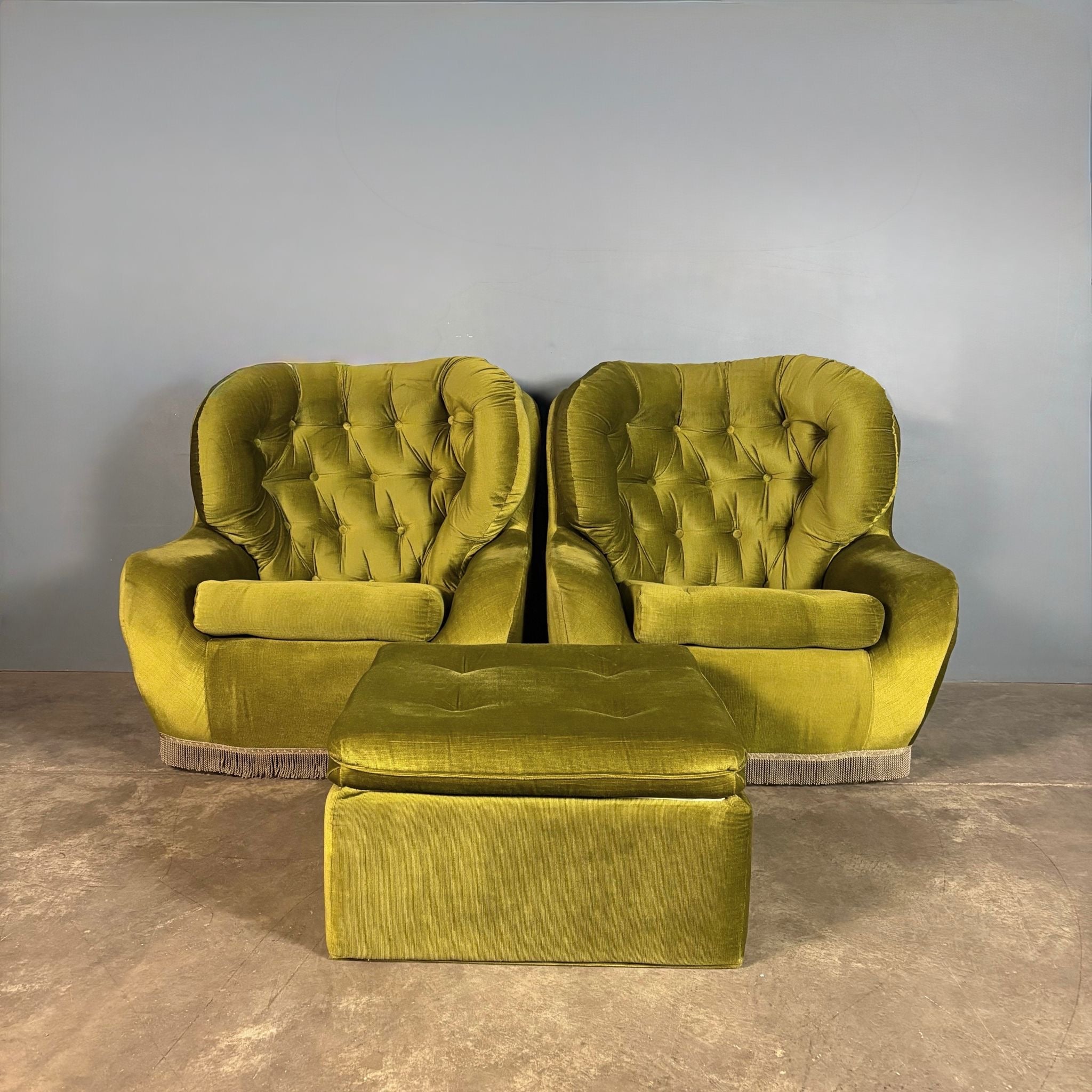 Mid Century Pair Of Armchairs & Footstool Green Velvet Vintage Retro MCM