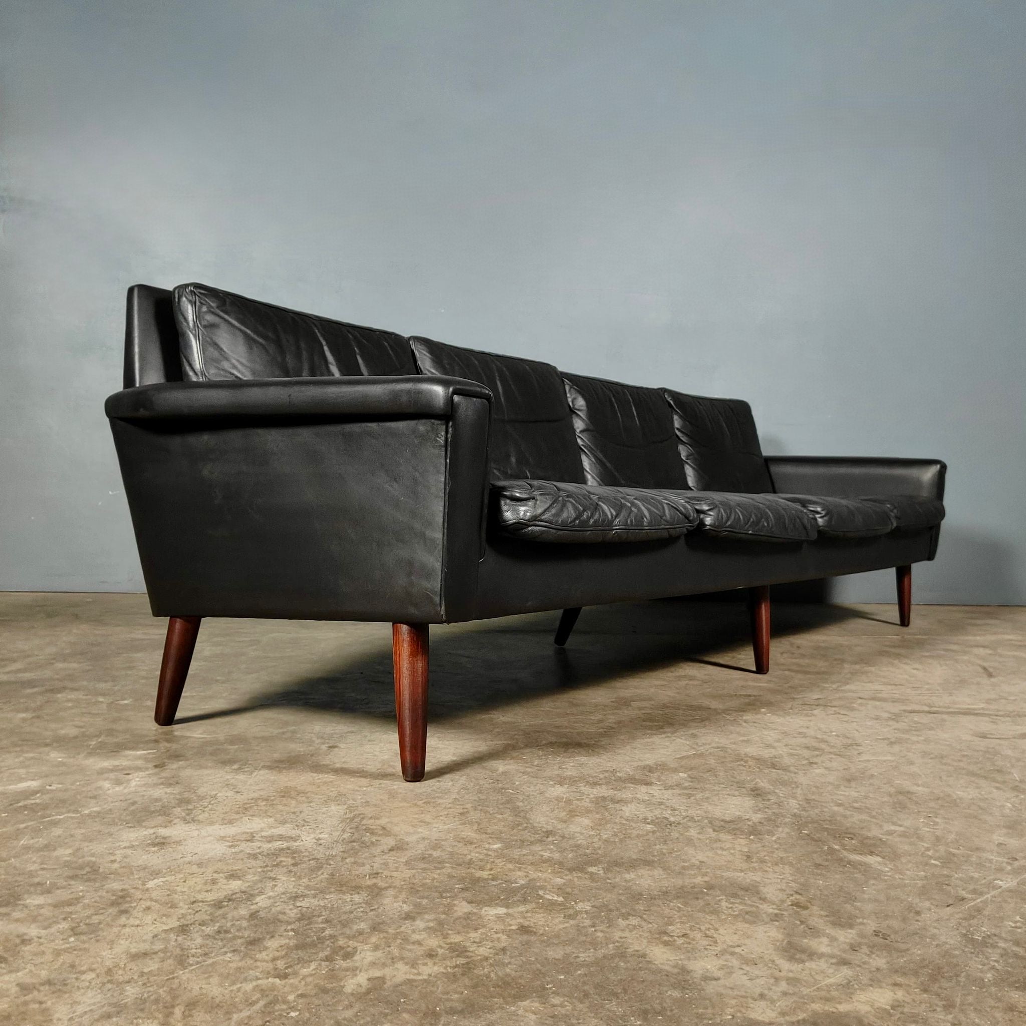 Black Leather Four Seater Sofa Danish 1960s Mid Century Vintage Retro MCM