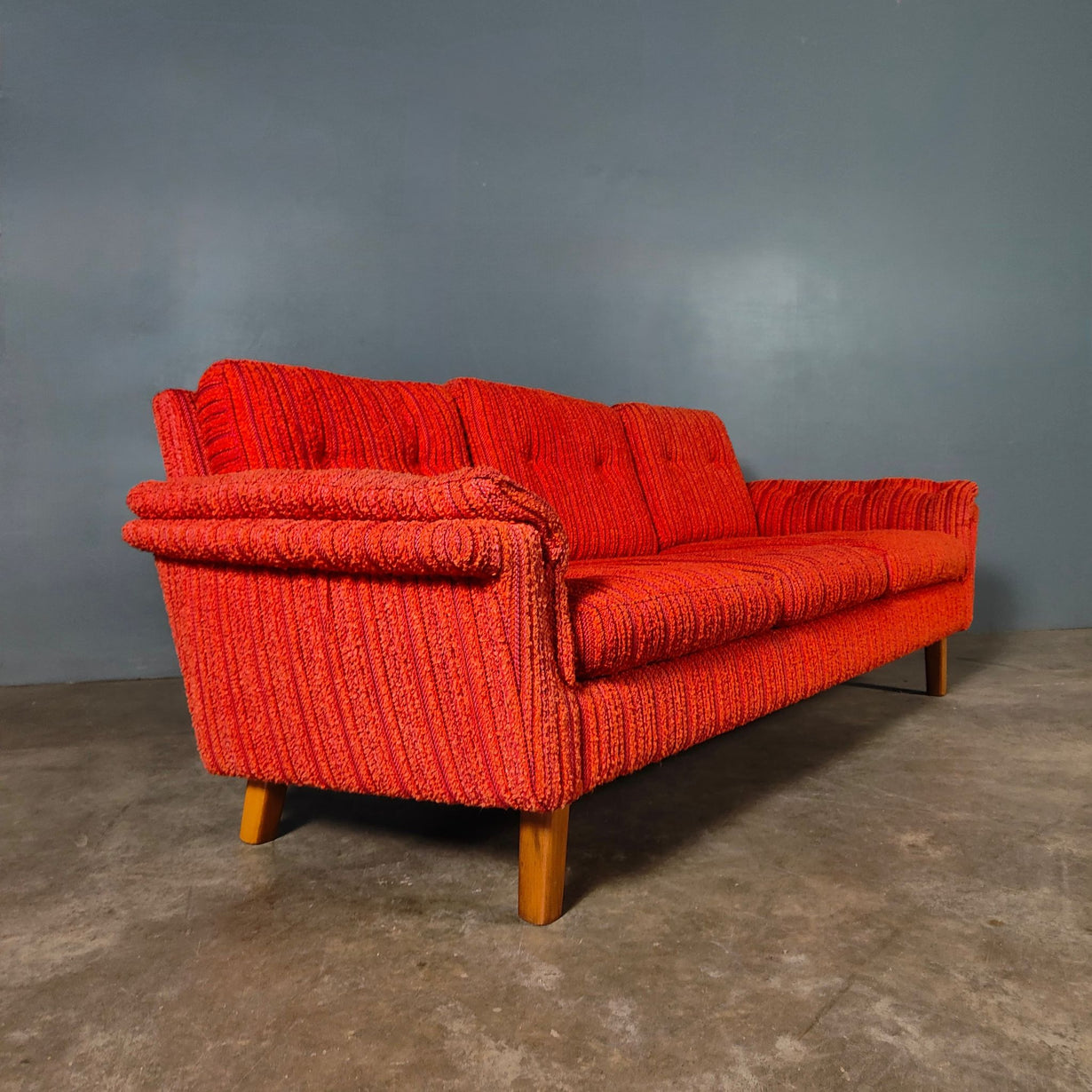 SOLD Orange Wool Swedish Three Seater Sofa Mid Century Vintage Retro MCM