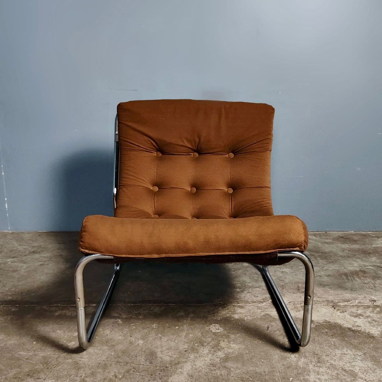 SOLD Brown Fabric Sling Lounge Chair By Peter Hoyte Mid Century Vintage Retro MCM