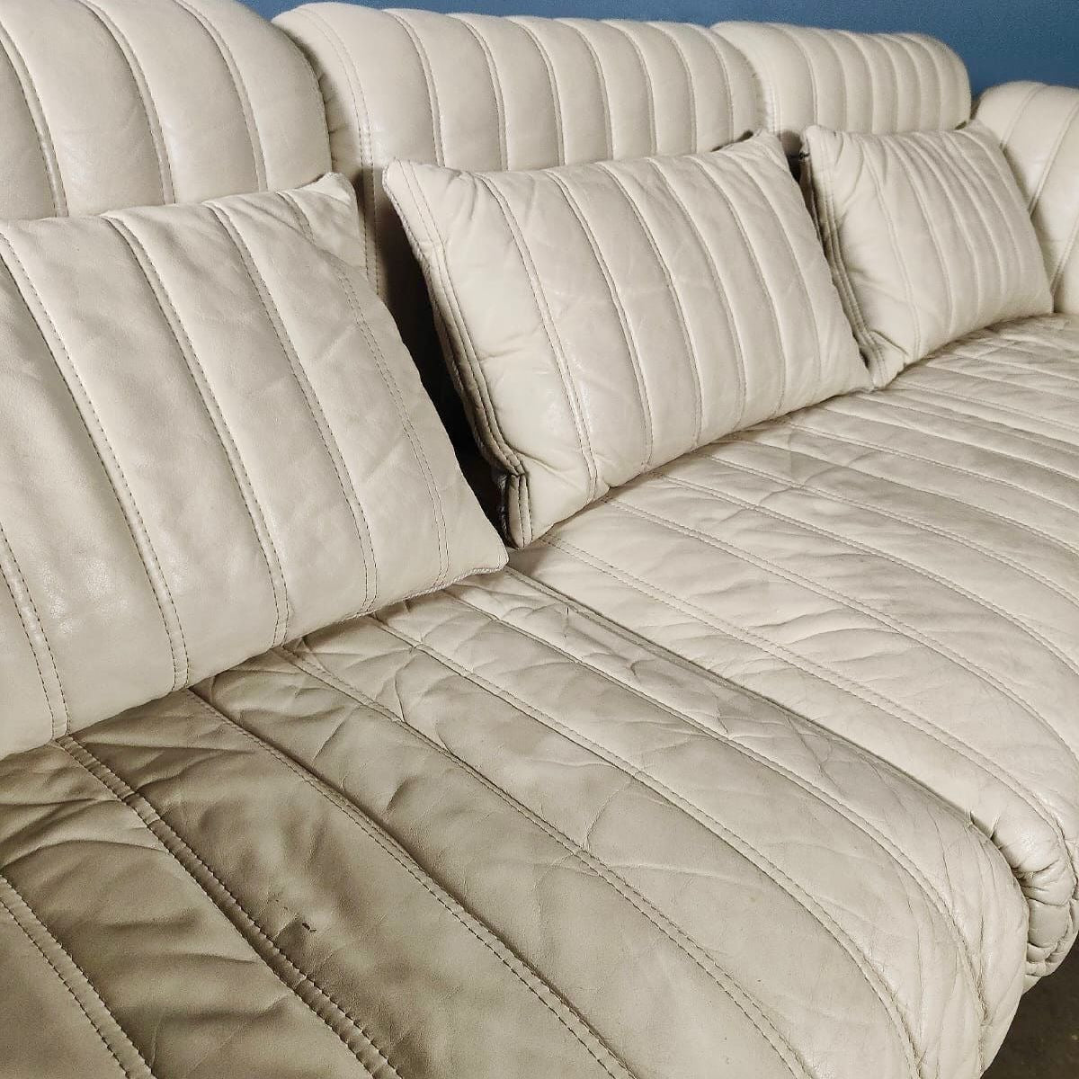 Mid Century Off White/Cream Leather Three Seater Sofa Vintage Retro MCM